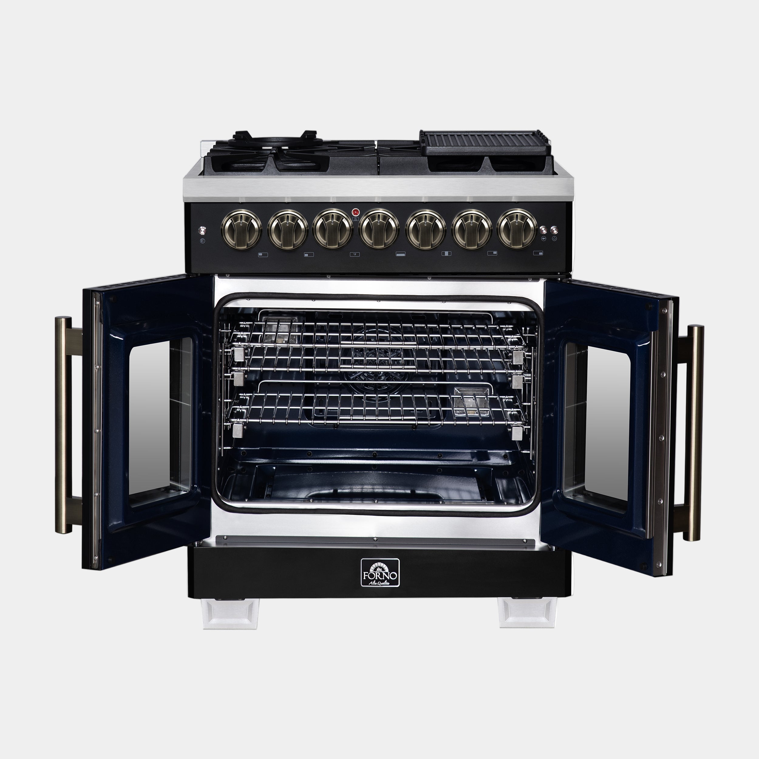 Forno Capriasca 30 in. 4.32 cu. ft. 5-Burner Black French Door Dual Fuel Range with Antique Brass Accents | FFSGS6387-30BLK