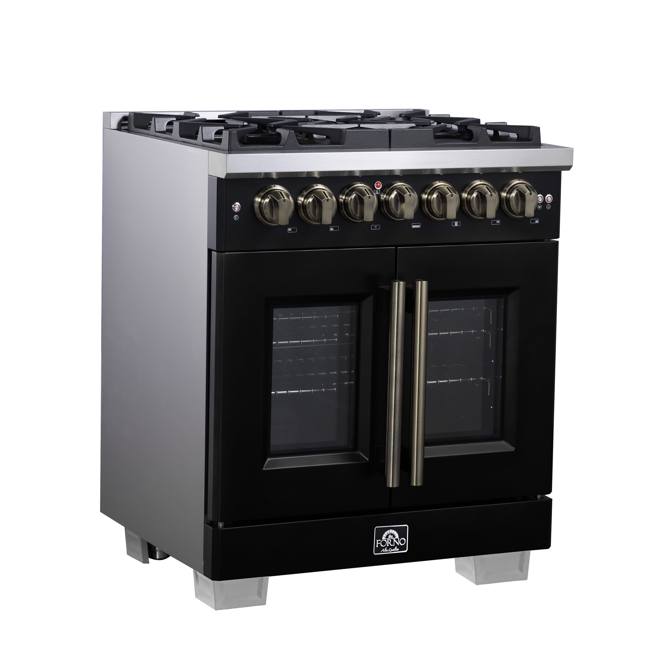 Forno Capriasca 30 in. 4.32 cu. ft. 5-Burner Black French Door Dual Fuel Range with Antique Brass Accents | FFSGS6387-30BLK