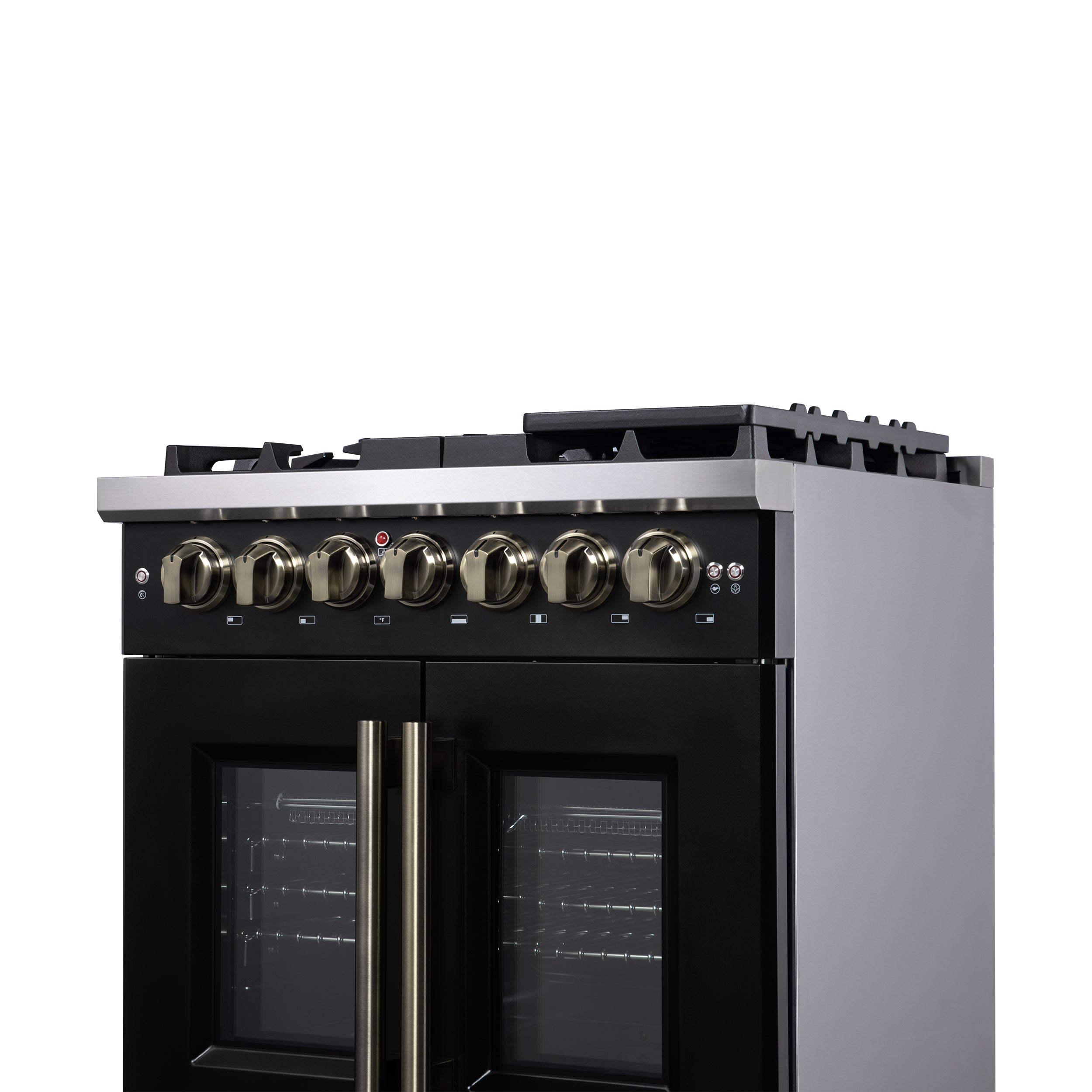 Forno Capriasca 30 in. 4.32 cu. ft. 5-Burner Black French Door Dual Fuel Range with Antique Brass Accents | FFSGS6387-30BLK
