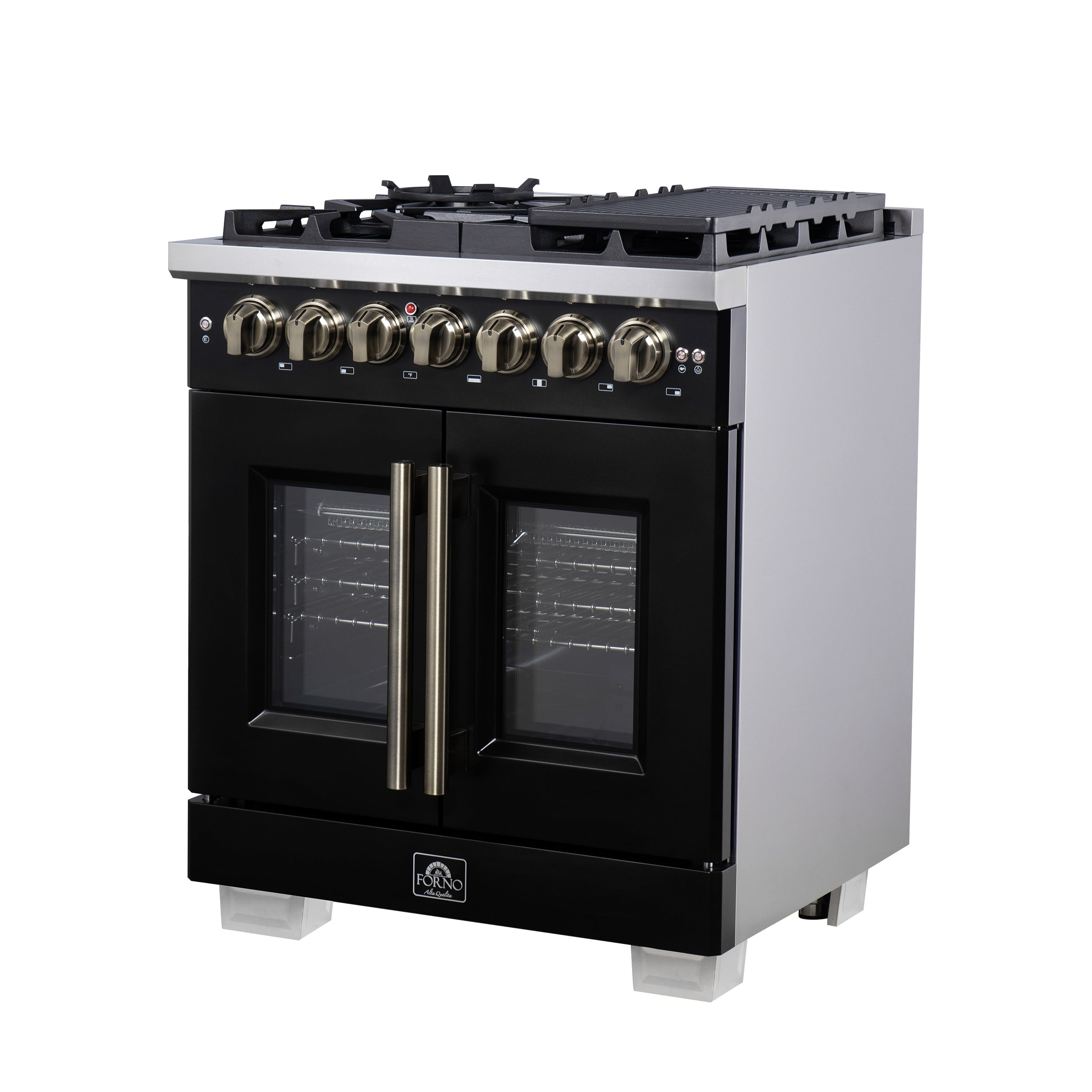 Forno Capriasca 30 in. 4.32 cu. ft. 5-Burner Black French Door Dual Fuel Range with Antique Brass Accents | FFSGS6387-30BLK
