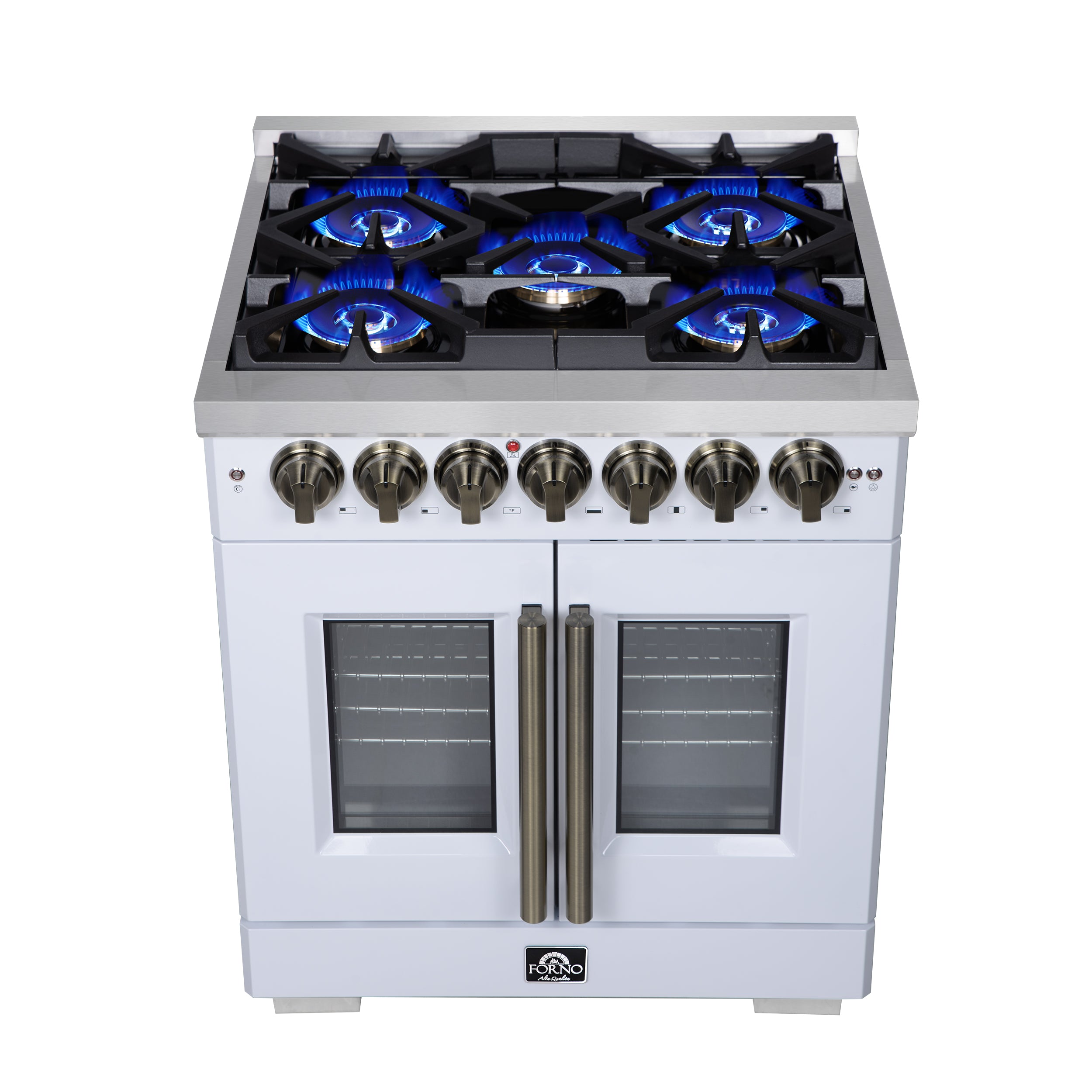 Forno Capriasca 30 in. 4.32 cu. ft. 5-Burner White French Door Dual Fuel Range with Antique Brass Accents | FFSGS6387-30WHT