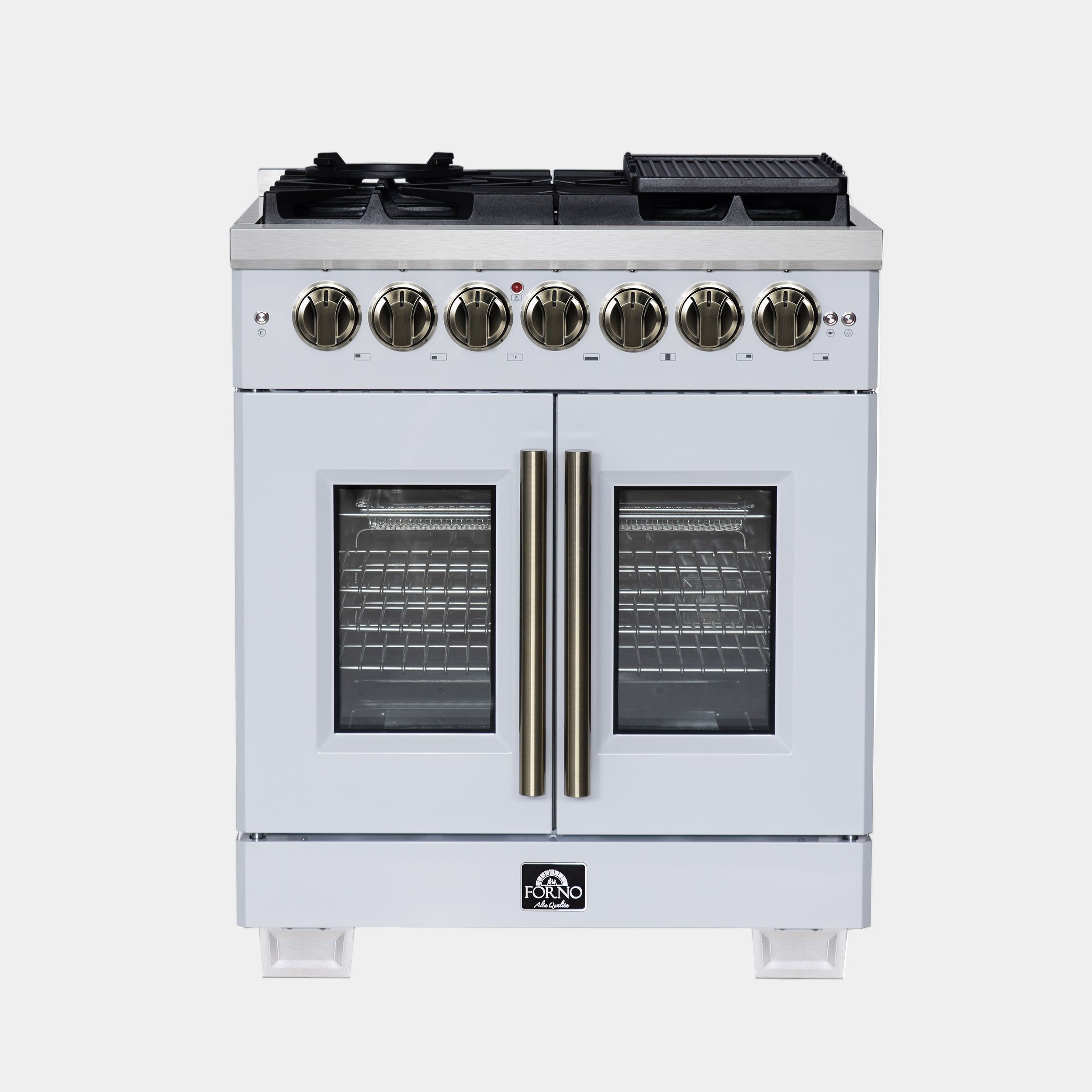 Forno Capriasca 30 in. 4.32 cu. ft. 5-Burner White French Door Dual Fuel Range with Antique Brass Accents | FFSGS6387-30WHT