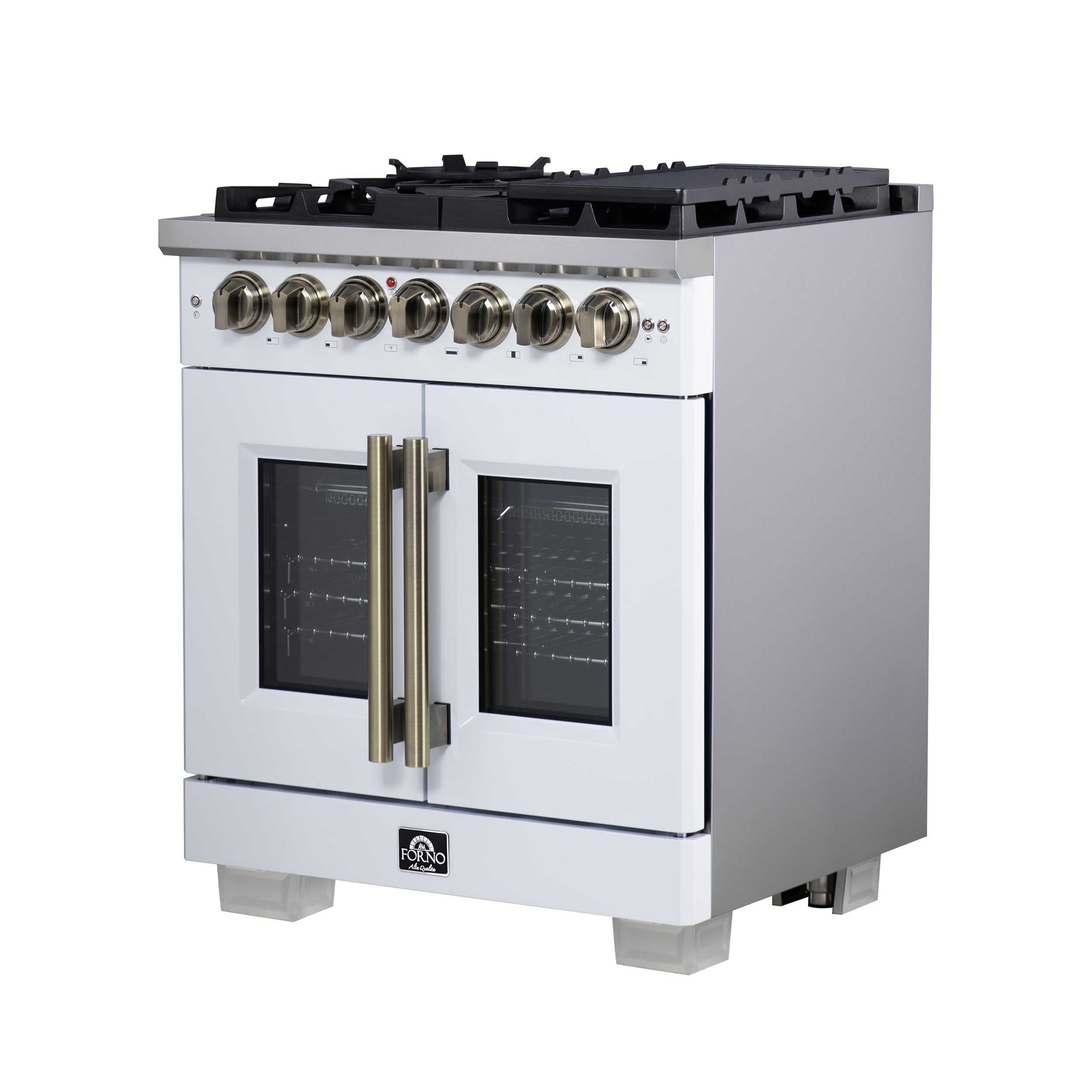 Forno Capriasca 30 in. 4.32 cu. ft. 5-Burner White French Door Dual Fuel Range with Antique Brass Accents | FFSGS6387-30WHT