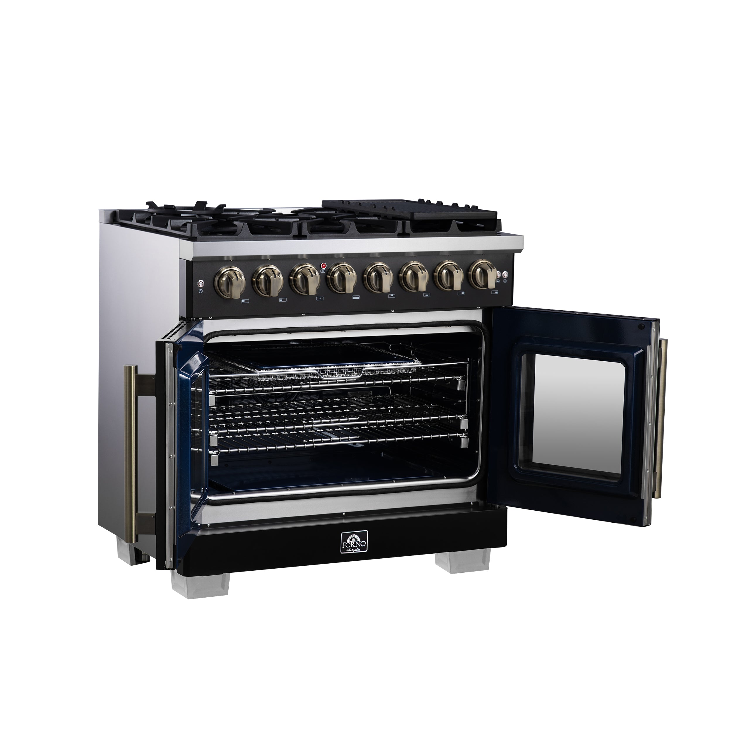 Forno Capriasca 36 in. 5.36 cu. ft. 6-Burner Black French Door Dual Fuel Range with Antique Brass Accents | FFSGS6387-36BLK