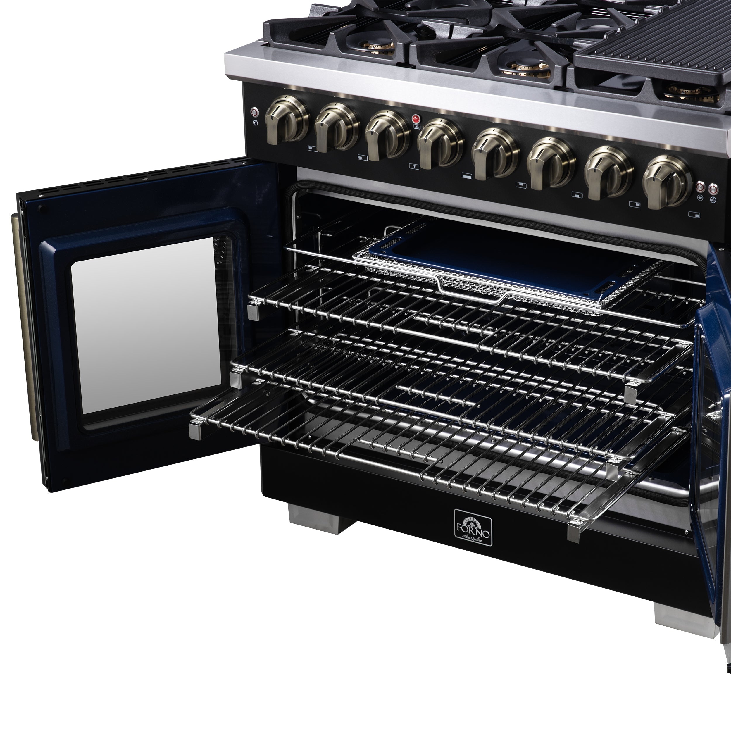 Forno Capriasca 36 in. 5.36 cu. ft. 6-Burner Black French Door Dual Fuel Range with Antique Brass Accents | FFSGS6387-36BLK