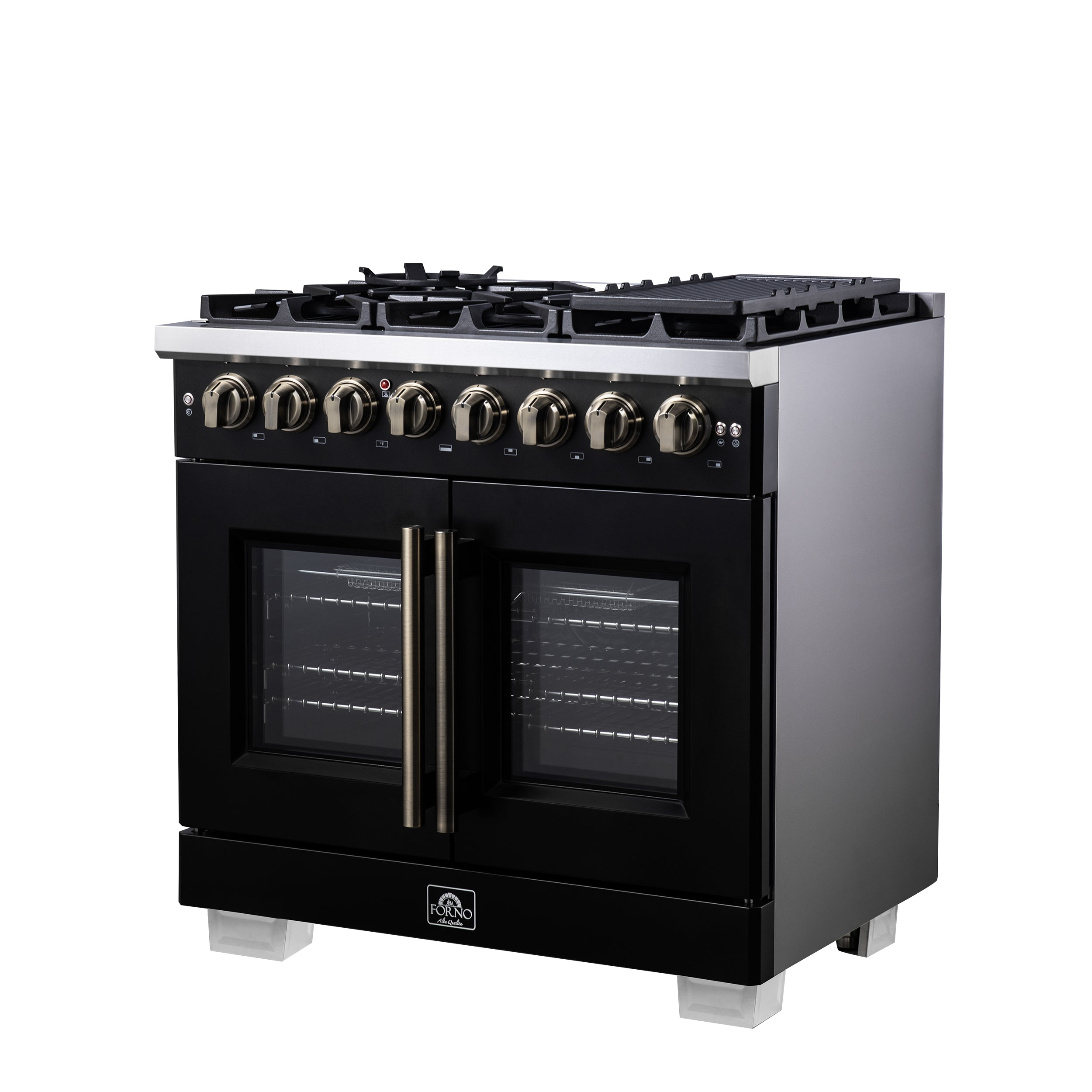 Forno Capriasca 36 in. 5.36 cu. ft. 6-Burner Black French Door Dual Fuel Range with Antique Brass Accents | FFSGS6387-36BLK
