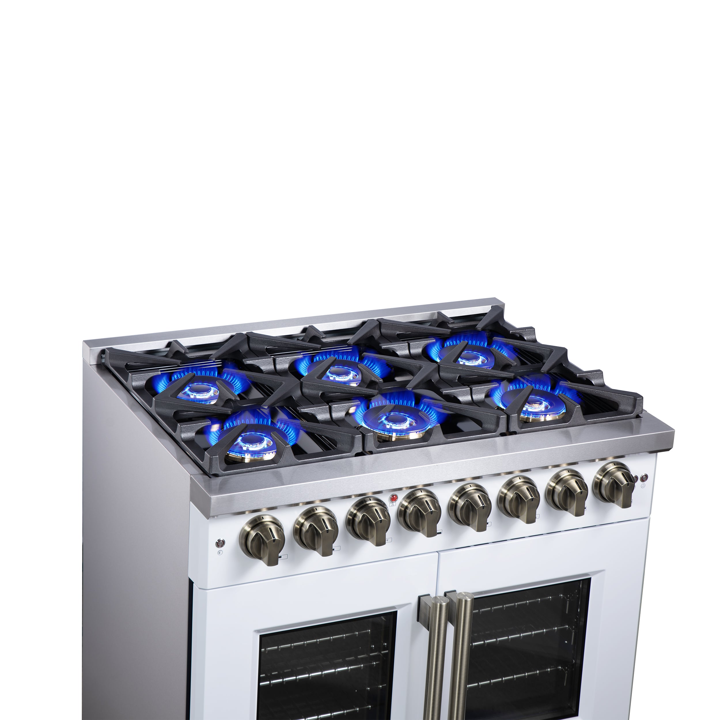 Forno Capriasca 36 in. 5.36 cu. ft. 6-Burner White French Door Dual Fuel Range with Antique Brass Accents | FFSGS6387-36WHT