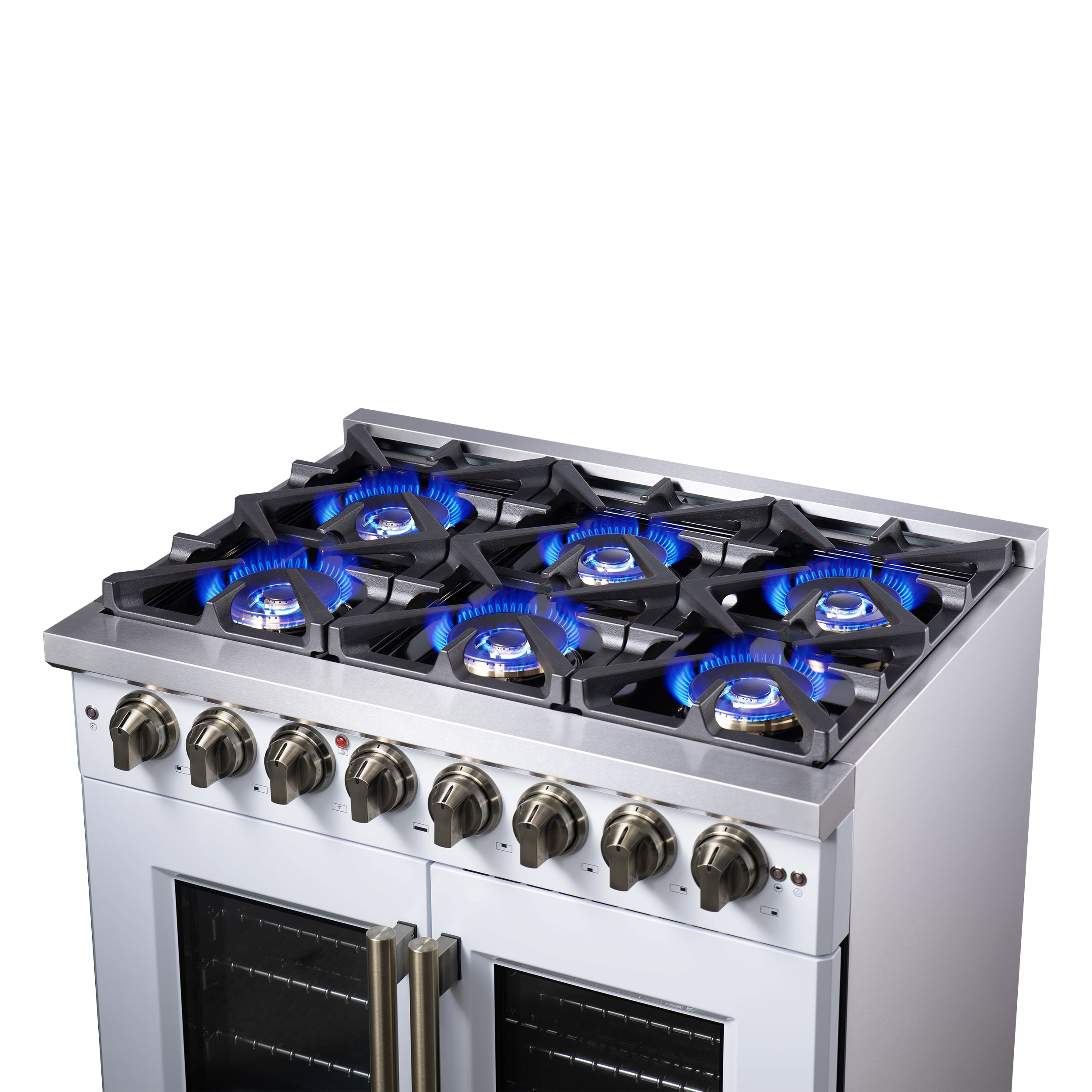 Forno Capriasca 36 in. 5.36 cu. ft. 6-Burner White French Door Dual Fuel Range with Antique Brass Accents | FFSGS6387-36WHT