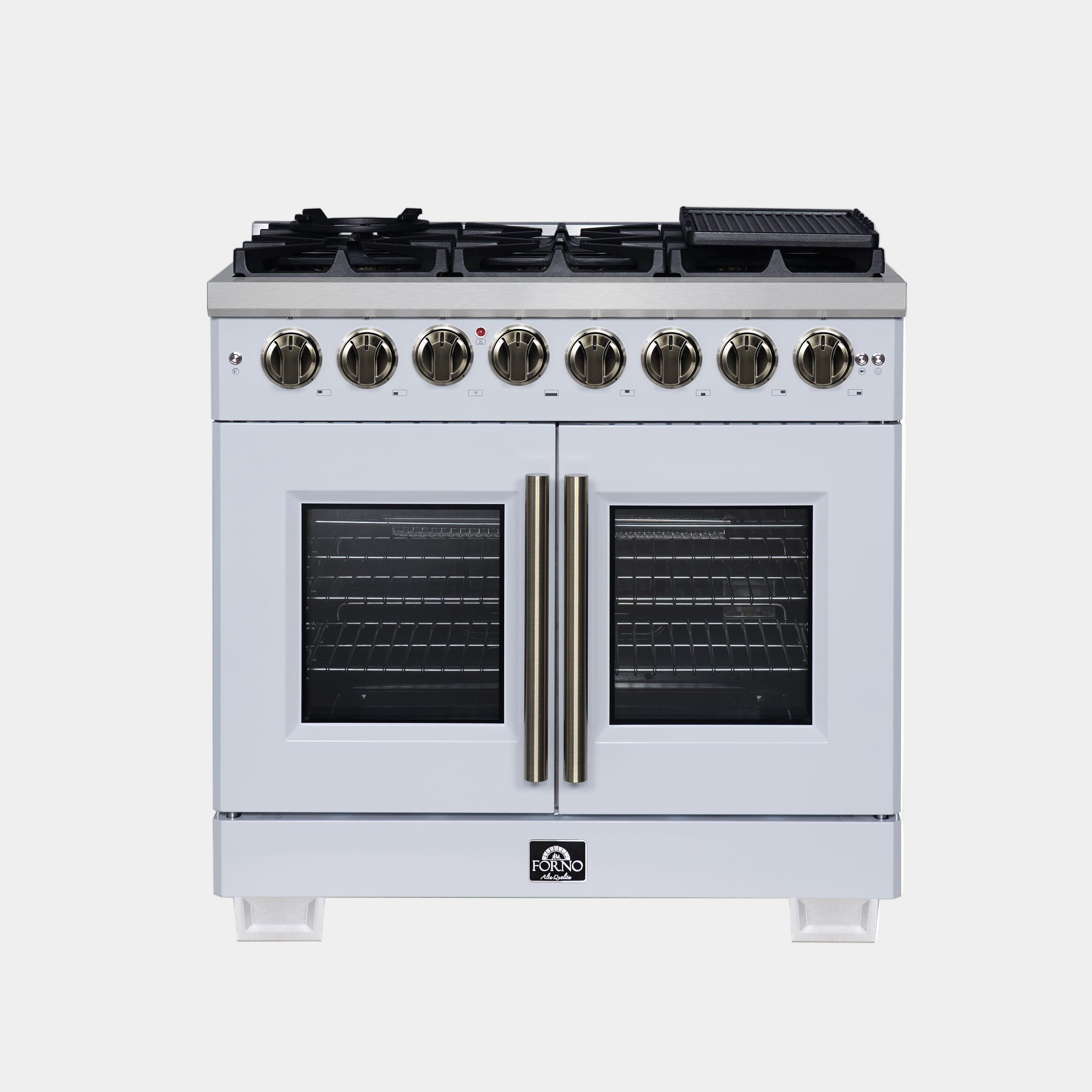 Forno Capriasca 36 in. 5.36 cu. ft. 6-Burner White French Door Dual Fuel Range with Antique Brass Accents | FFSGS6387-36WHT