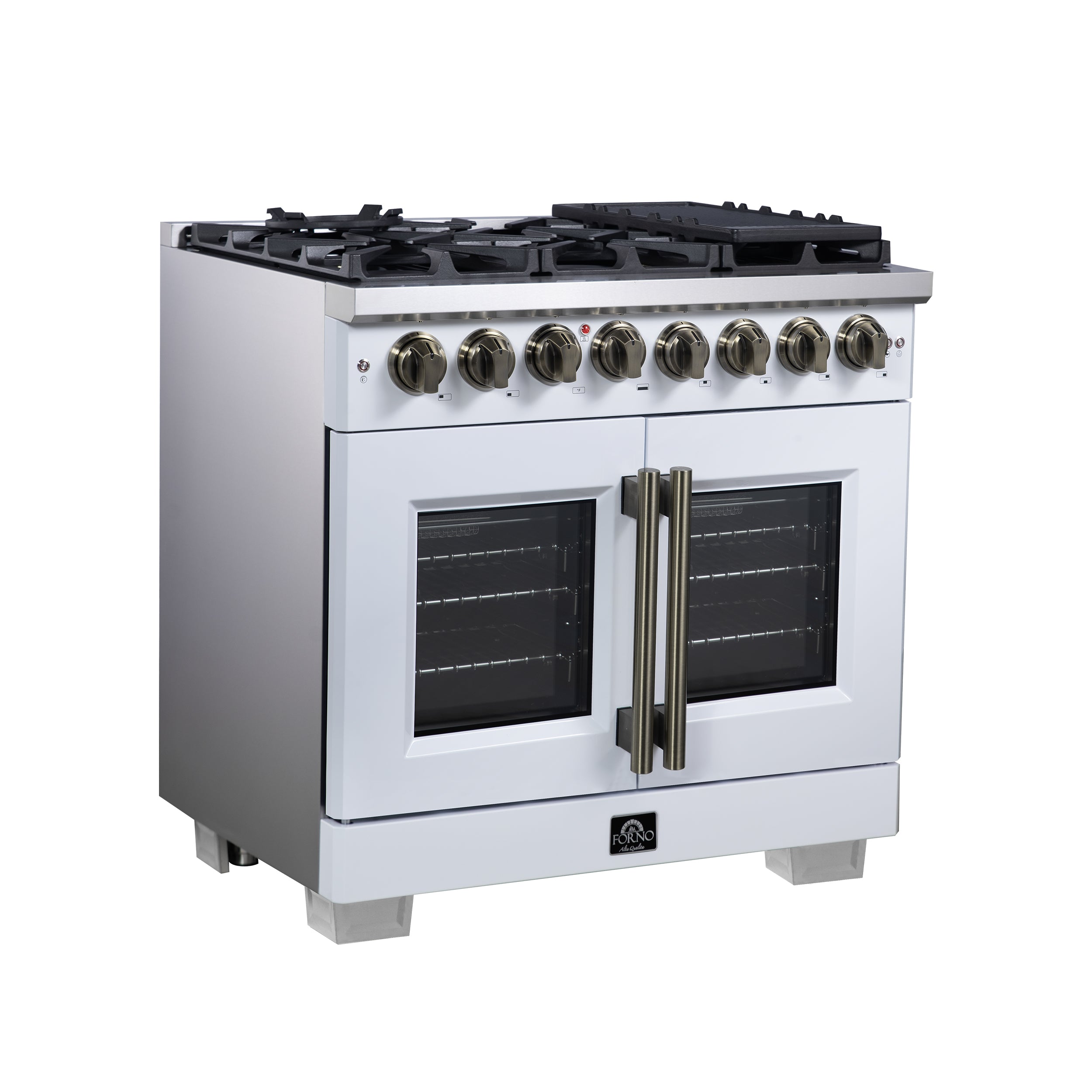 Forno Capriasca 36 in. 5.36 cu. ft. 6-Burner White French Door Dual Fuel Range with Antique Brass Accents | FFSGS6387-36WHT