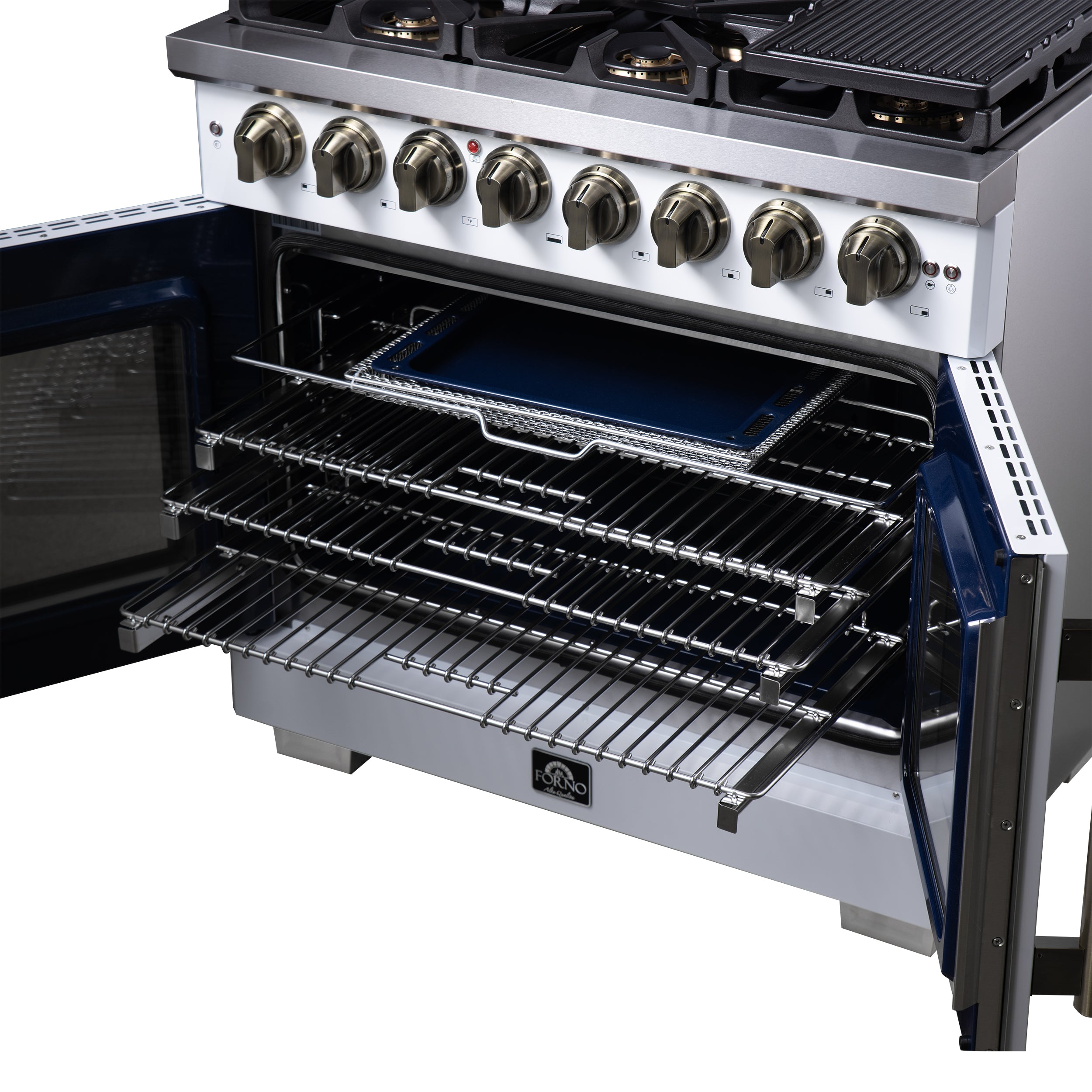 Forno Capriasca 36 in. 5.36 cu. ft. 6-Burner White French Door Dual Fuel Range with Antique Brass Accents | FFSGS6387-36WHT