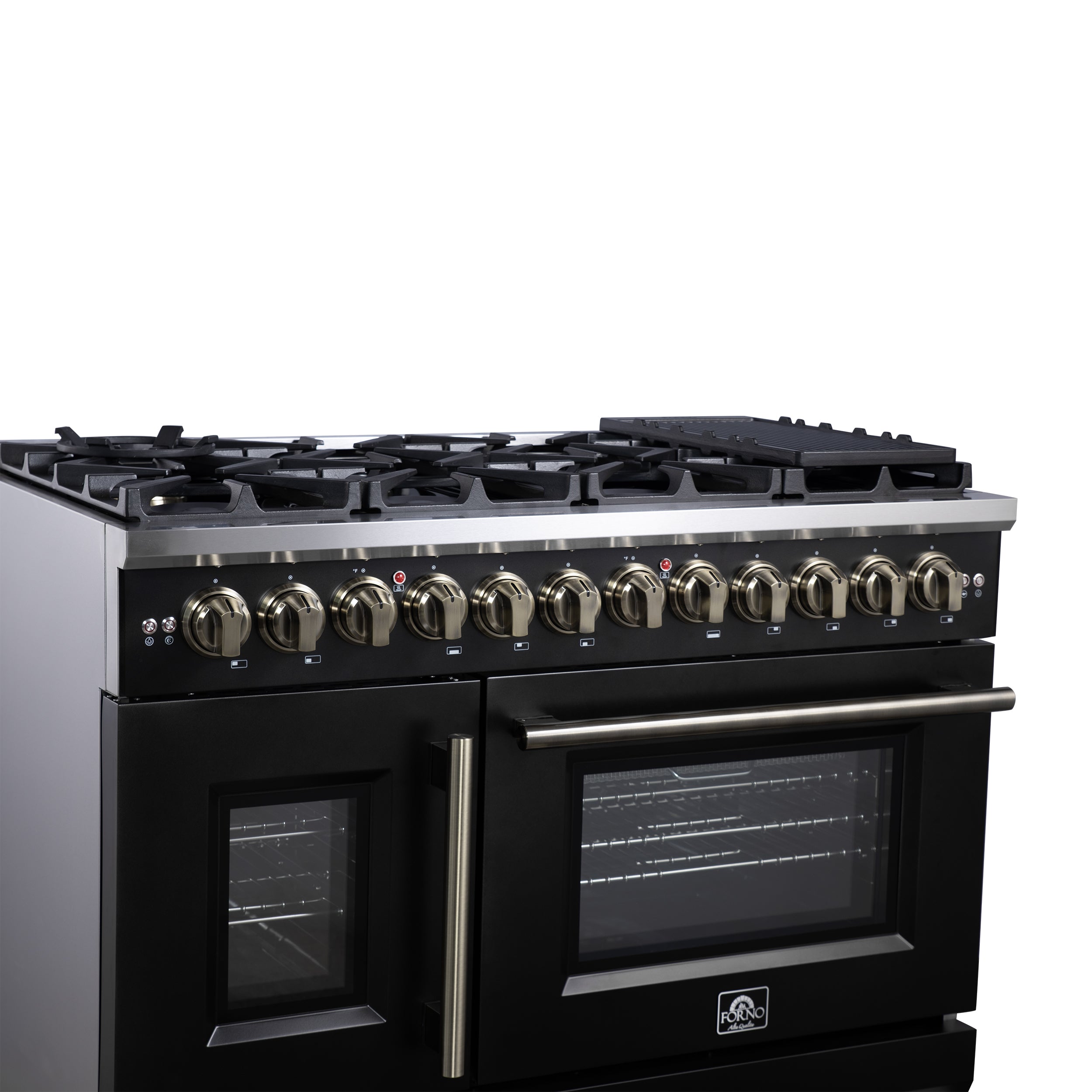 Forno Capriasca 48 in. 6.58 cu. ft. 8-Burner Black French Door Dual Fuel Range with Antique Brass Accents | FFSGS6387-48BLK
