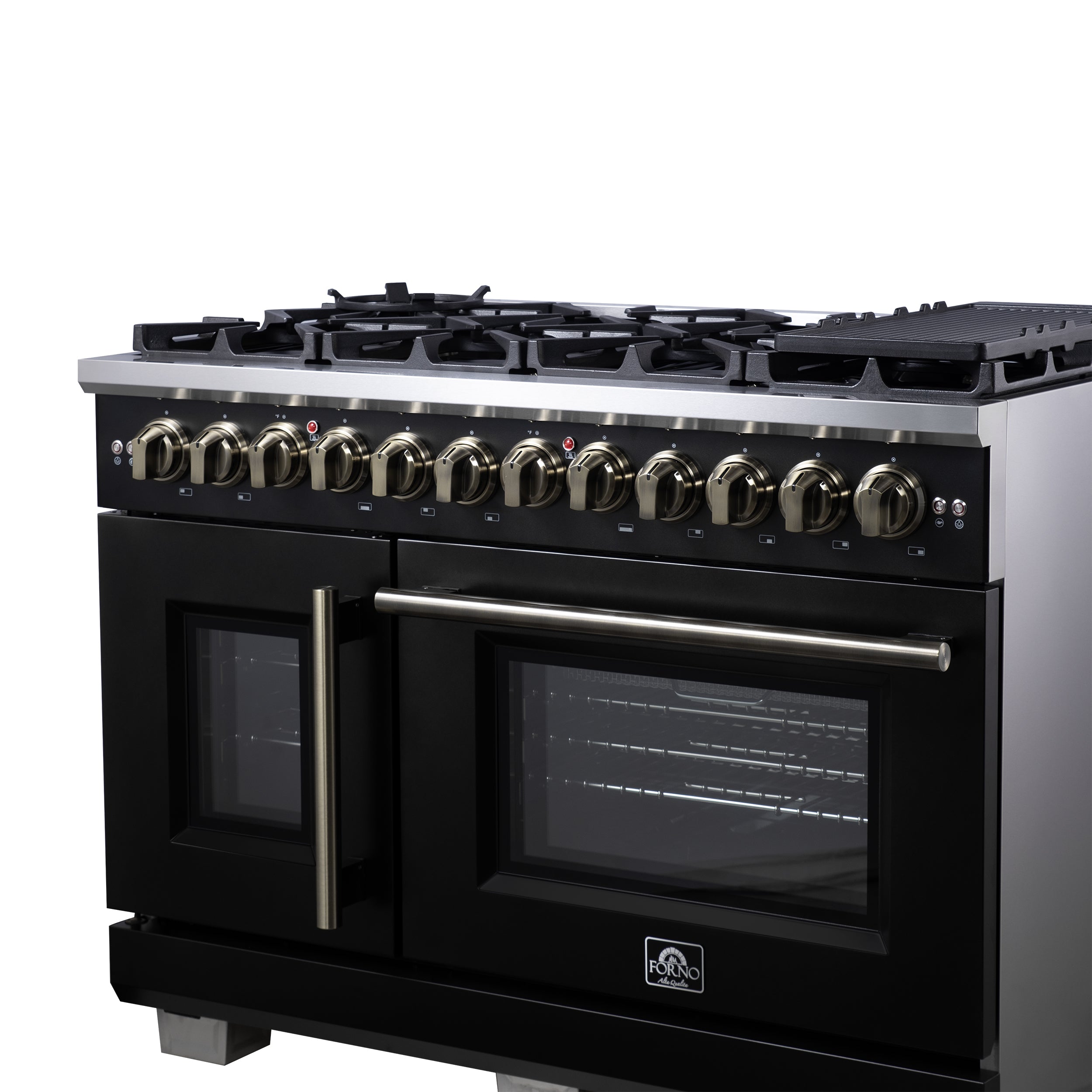 Forno Capriasca 48 in. 6.58 cu. ft. 8-Burner Black French Door Dual Fuel Range with Antique Brass Accents | FFSGS6387-48BLK