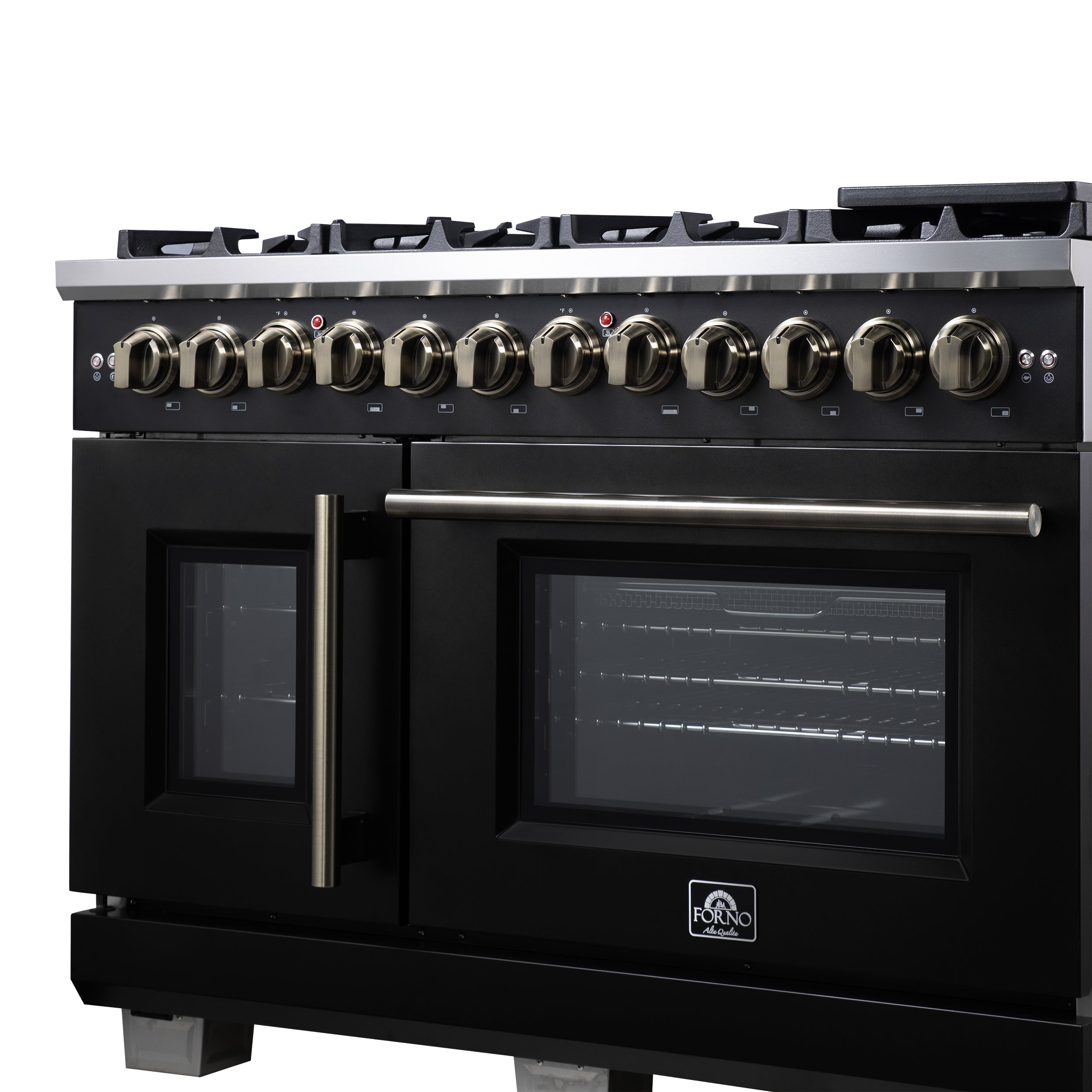 Forno Capriasca 48 in. 6.58 cu. ft. 8-Burner Black French Door Dual Fuel Range with Antique Brass Accents | FFSGS6387-48BLK