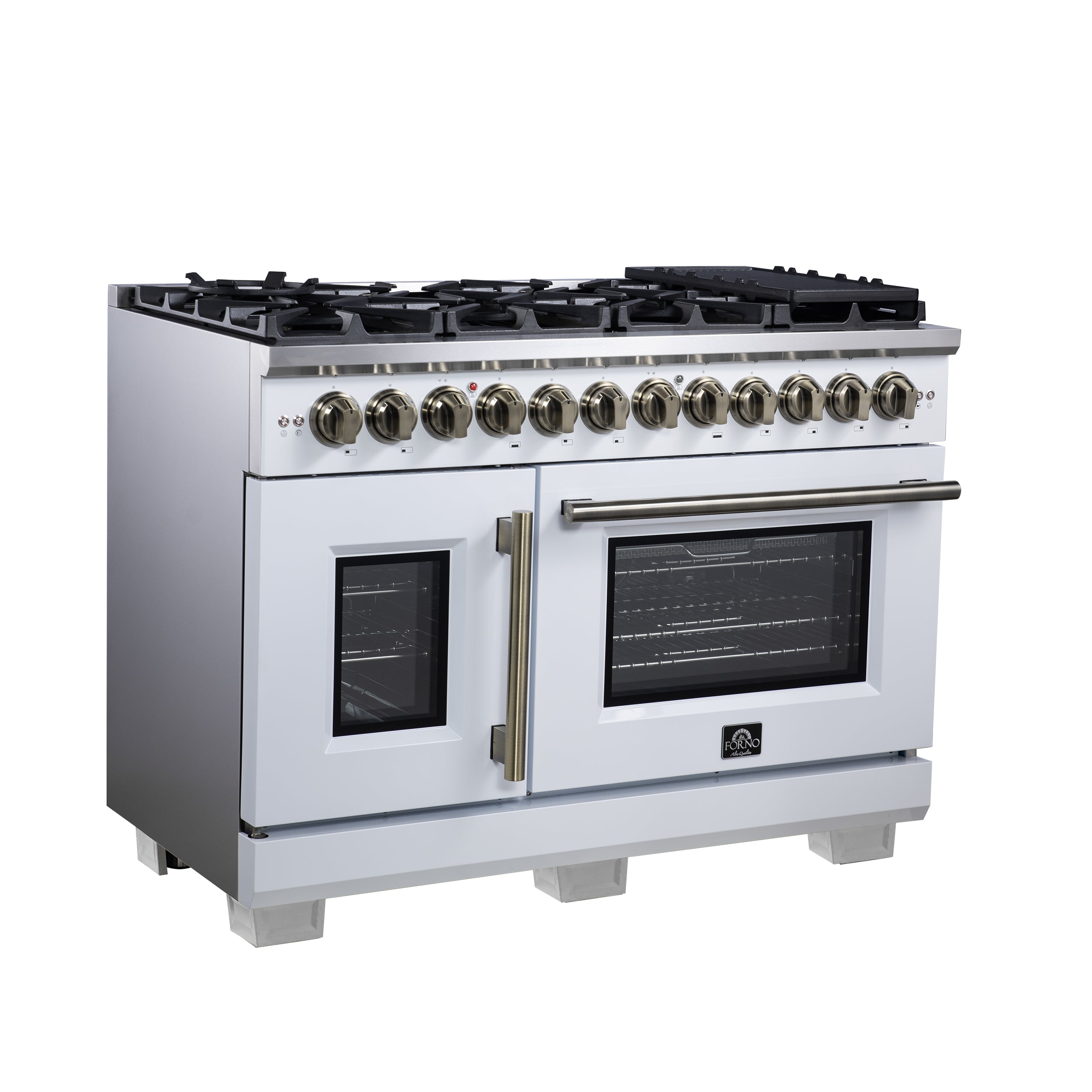 Forno Capriasca 48 in. 6.58 cu. ft. 8-Burner White French Door Dual Fuel Range with Antique Brass Accents | FFSGS6387-48WHT