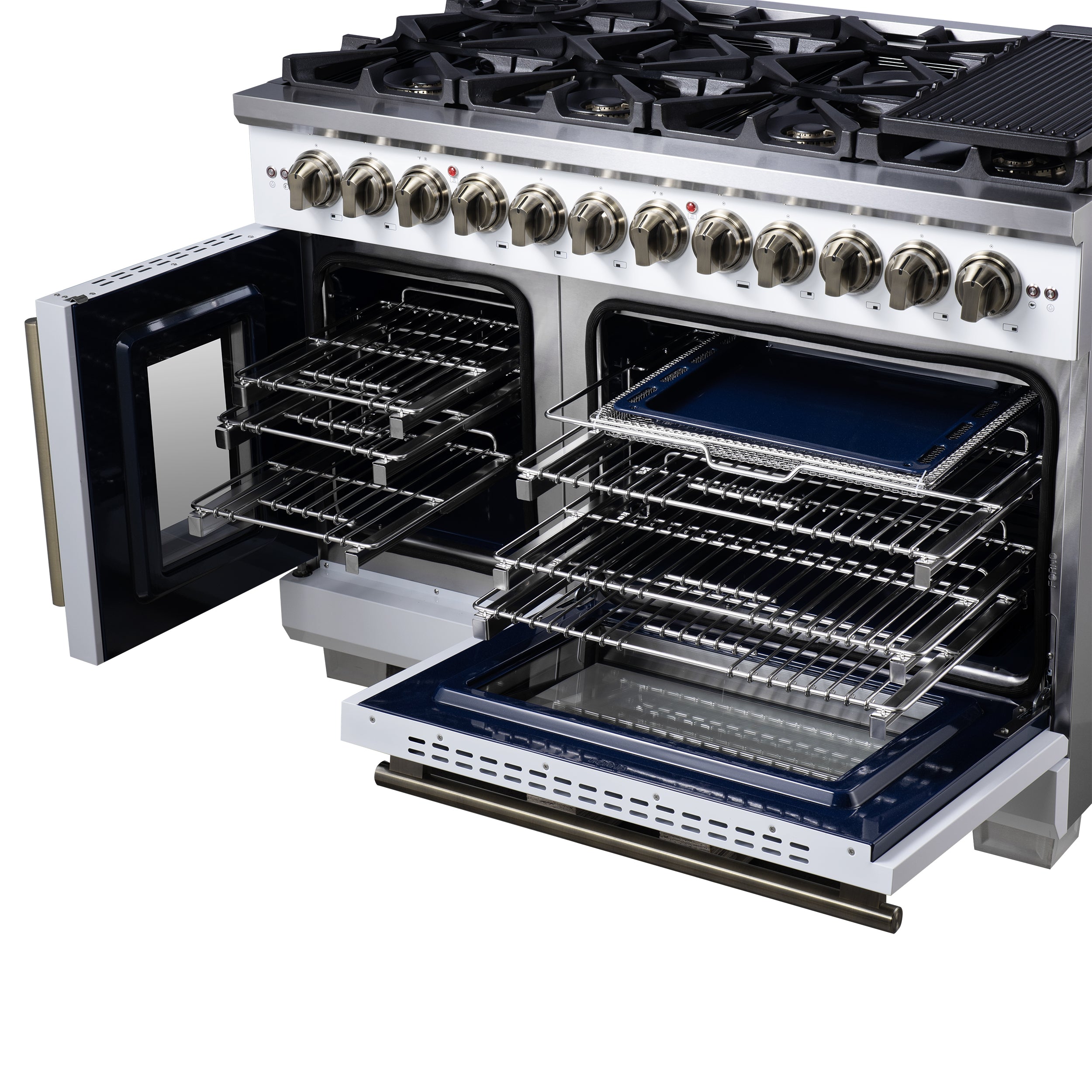 Forno Capriasca 48 in. 6.58 cu. ft. 8-Burner White French Door Dual Fuel Range with Antique Brass Accents | FFSGS6387-48WHT