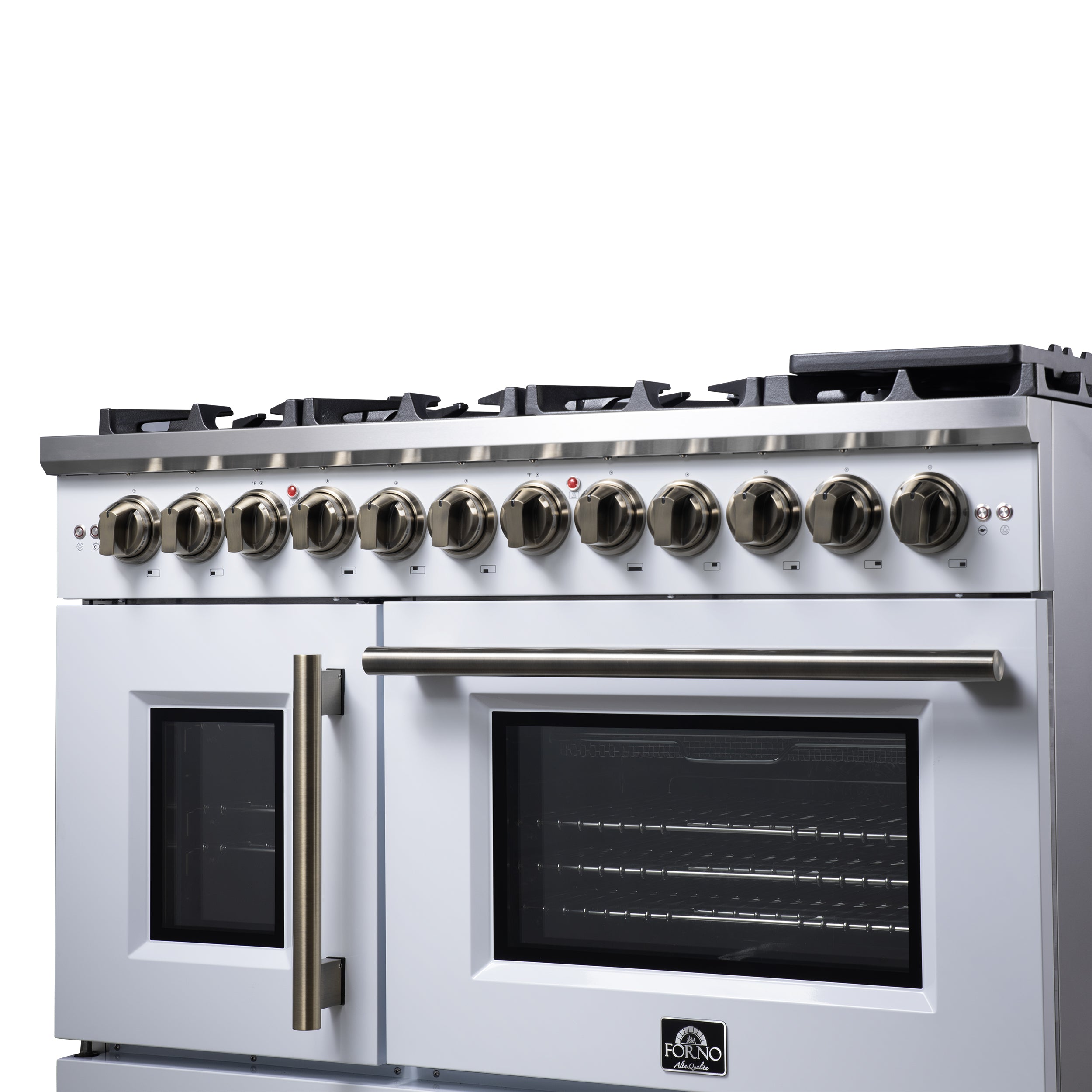 Forno Capriasca 48 in. 6.58 cu. ft. 8-Burner White French Door Dual Fuel Range with Antique Brass Accents | FFSGS6387-48WHT