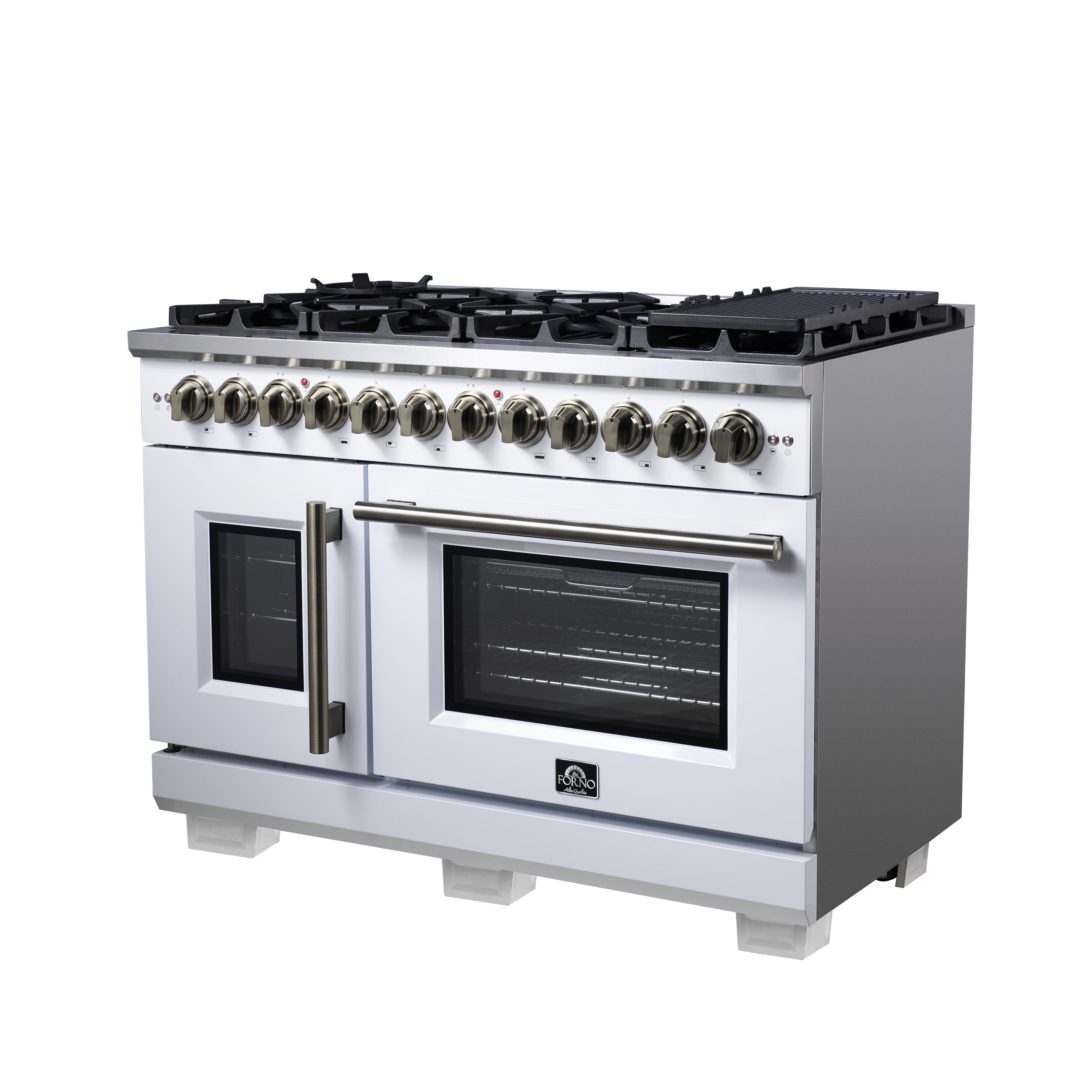 Forno Capriasca 48 in. 6.58 cu. ft. 8-Burner White French Door Dual Fuel Range with Antique Brass Accents | FFSGS6387-48WHT