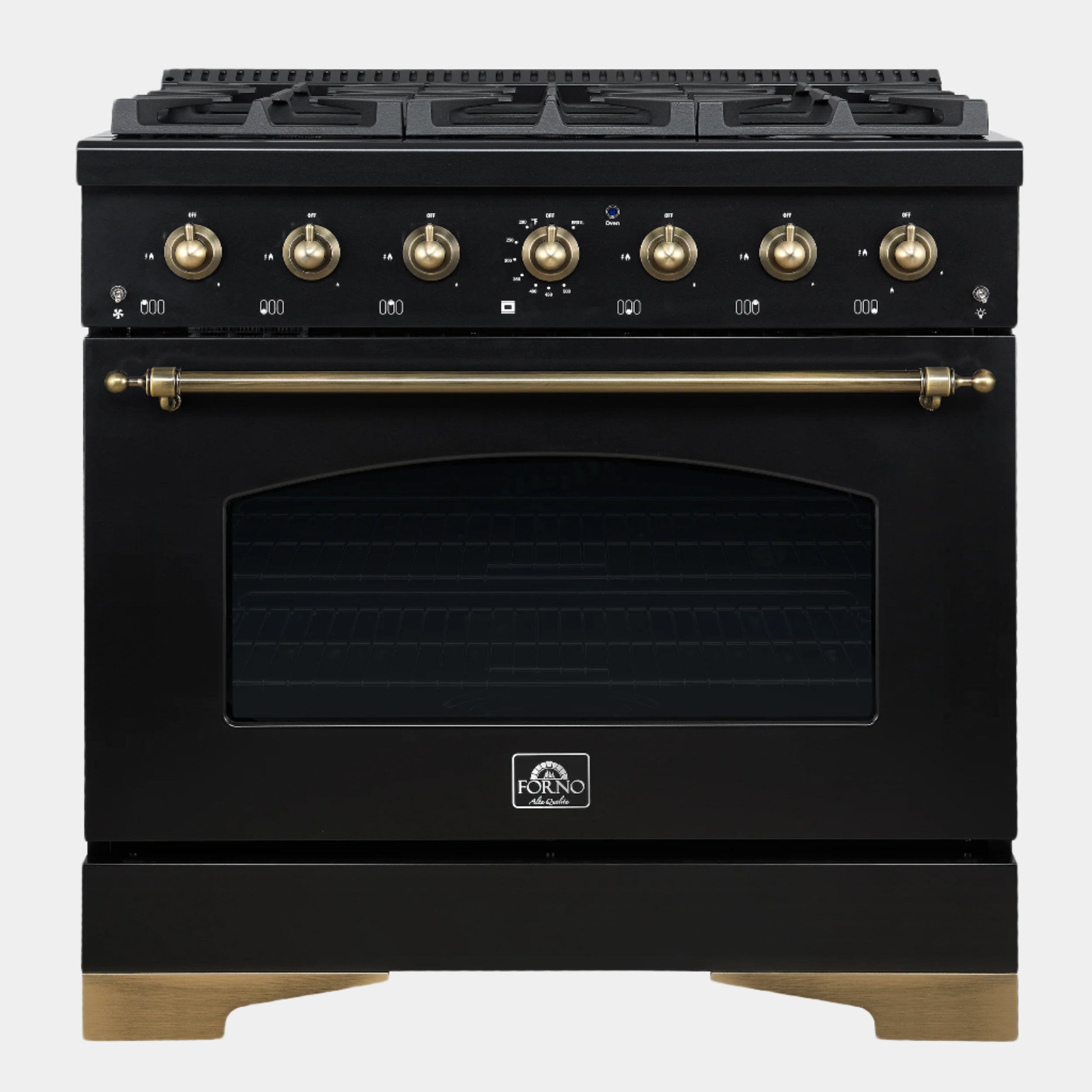 Forno Antico 36-inch Dual Fuel Range, Black and Antique Brass, 6 Burners, 4.5 cu.ft. Convection Oven