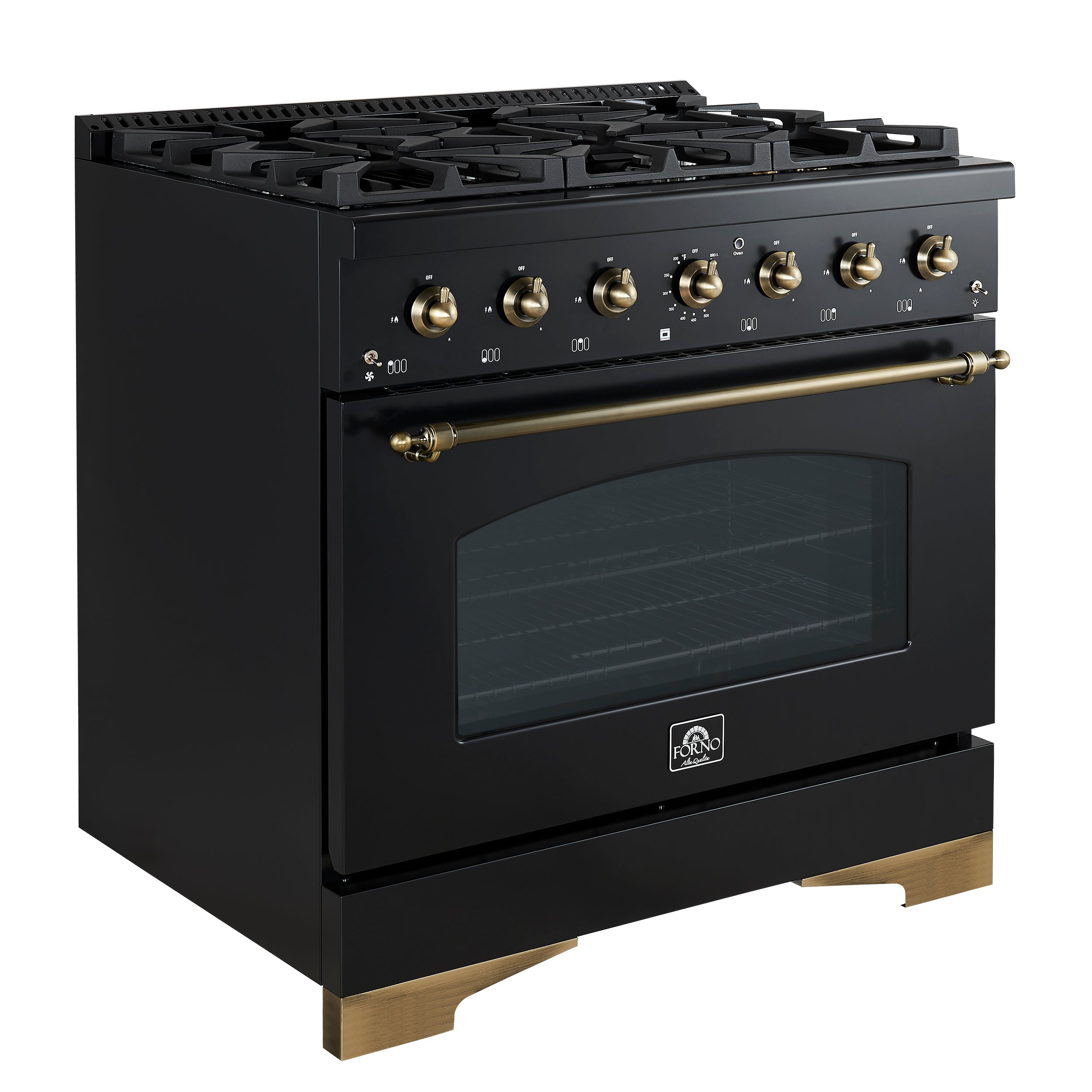 Forno Antico 36 in. 4.5 cu. ft. 6-Burner Black Dual Fuel Range with Antique Brass Accents | FFSGS6113-36BLK
