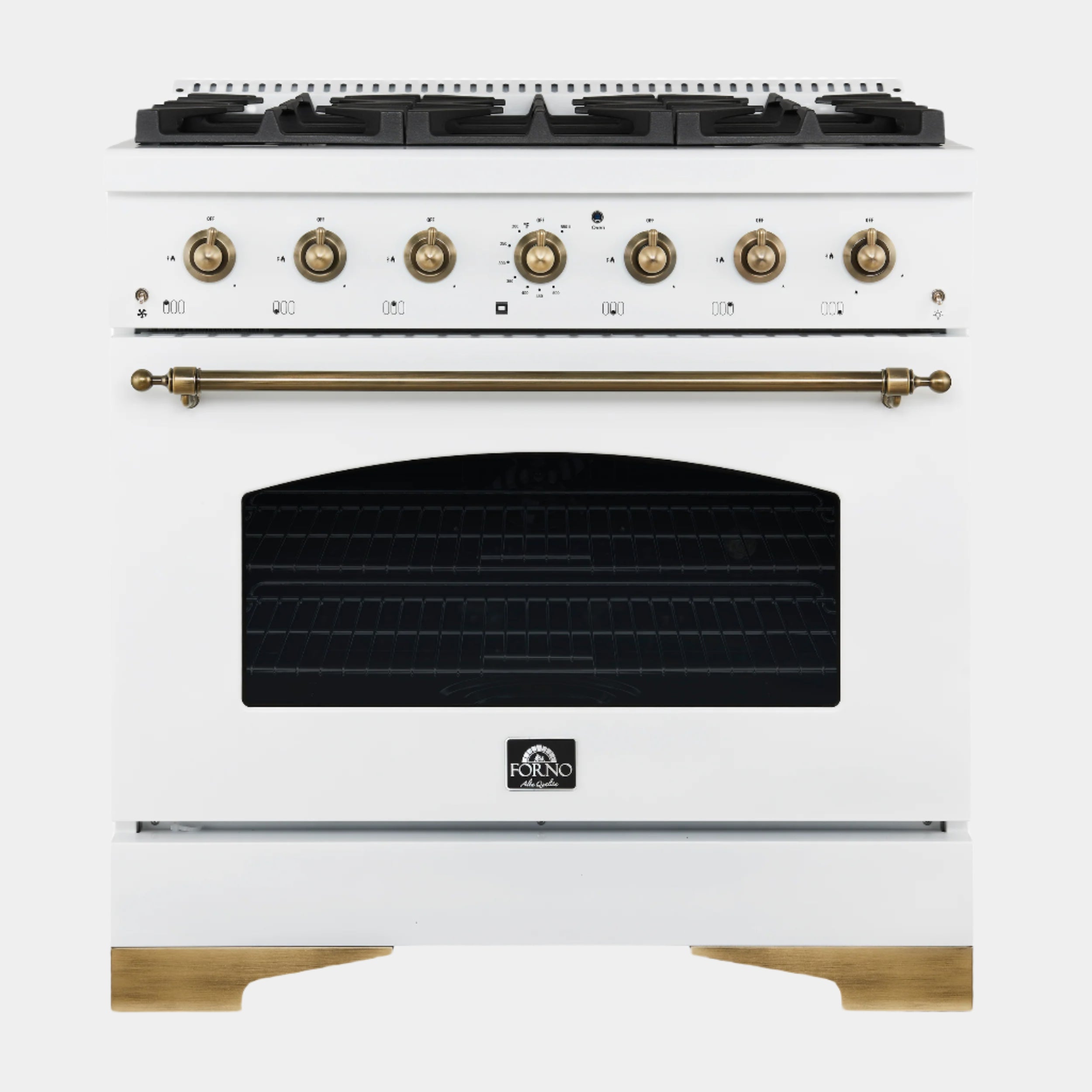 Forno Antico 36-inch Dual Fuel Range White and Antique Brass Design with 6 Sealed Gas Burners and Electric Convection Oven