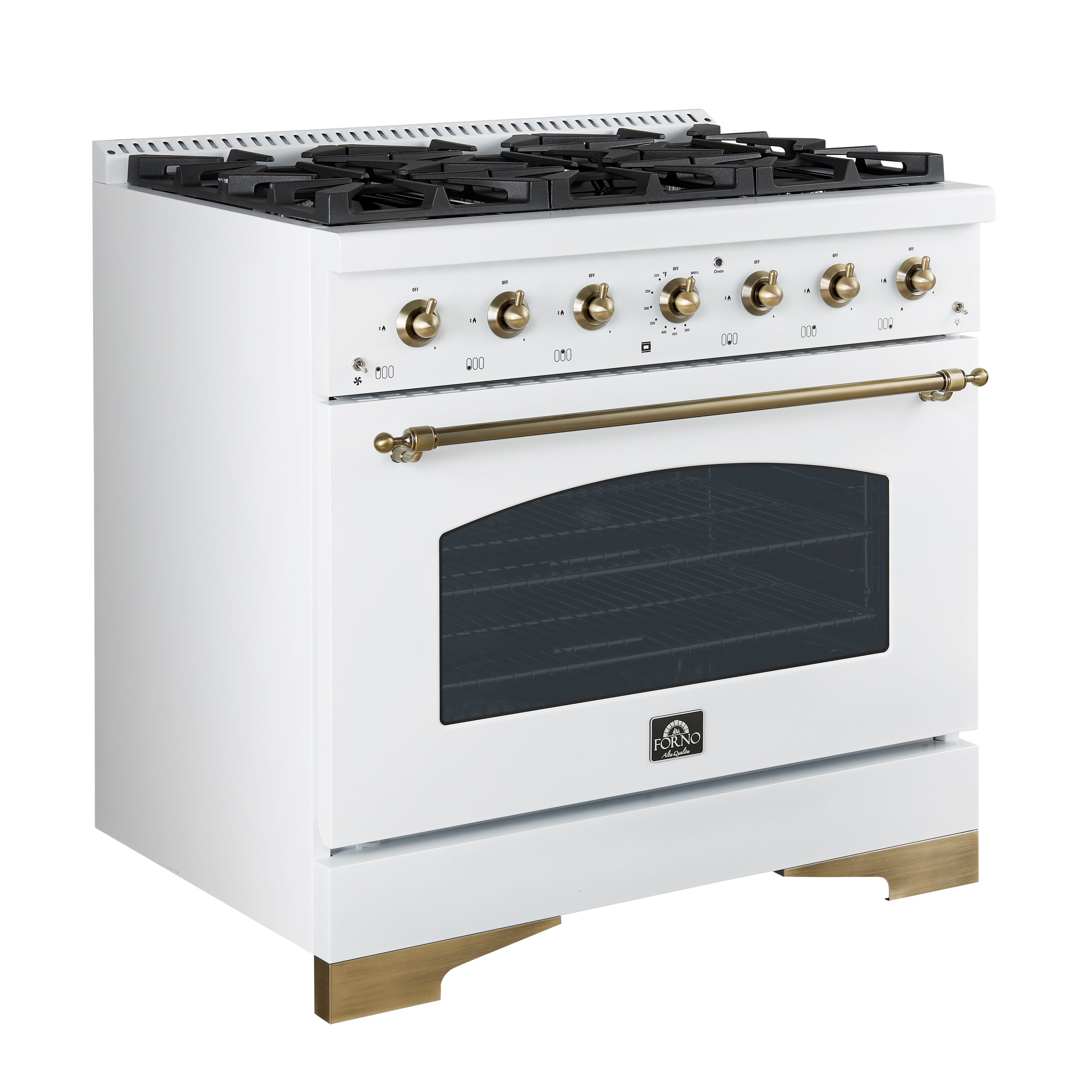 Forno Antico 36 in. 4.5 cu. ft. 6-Burner White Dual Fuel Range with Antique Brass Accents | FFSGS6113-36WHT