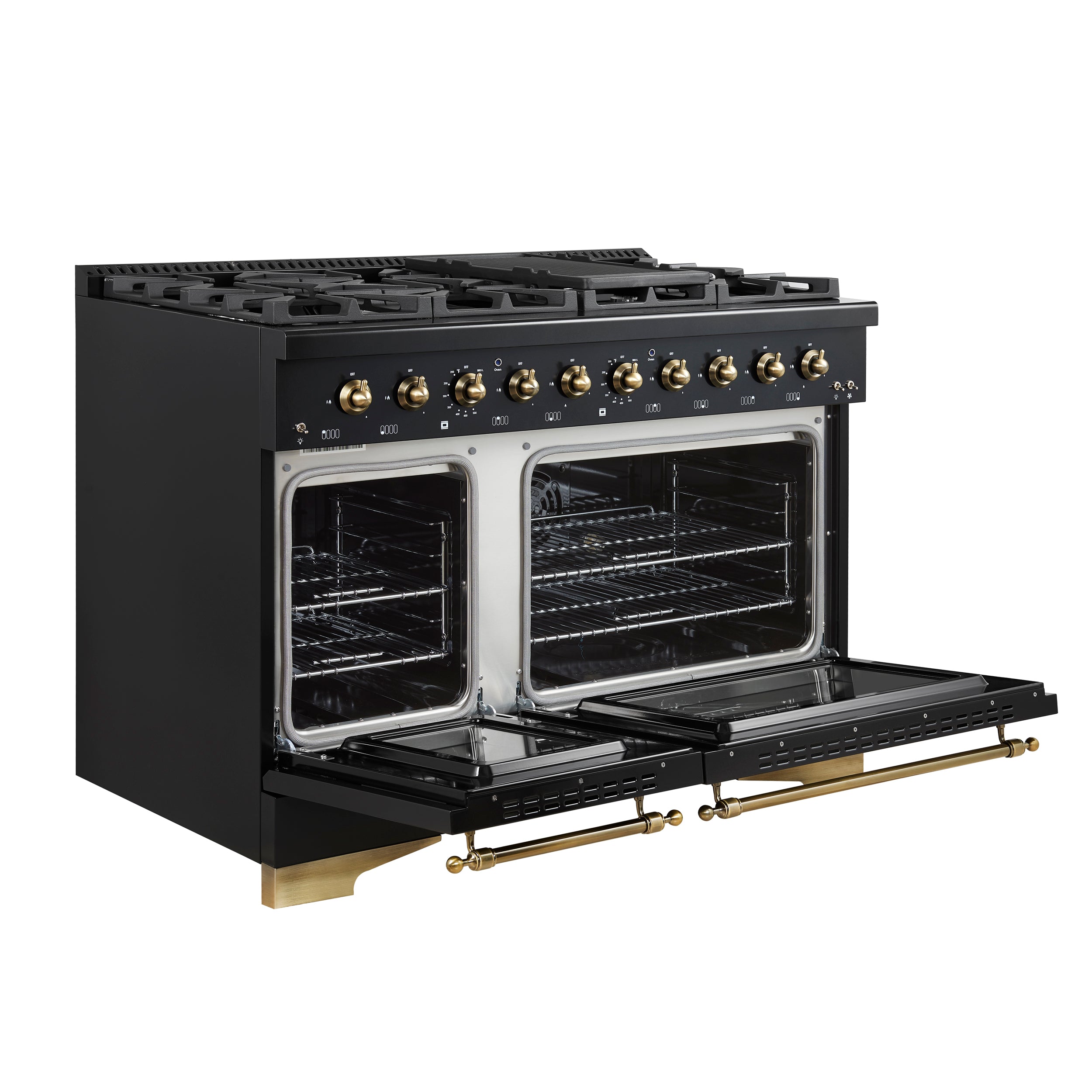 Forno Antico 48-Inch Dual Fuel Range, Black with Antique Brass Finish, 8 Burners, 94,000 BTU, 5.5 cu.ft. Double Ovens & Griddle