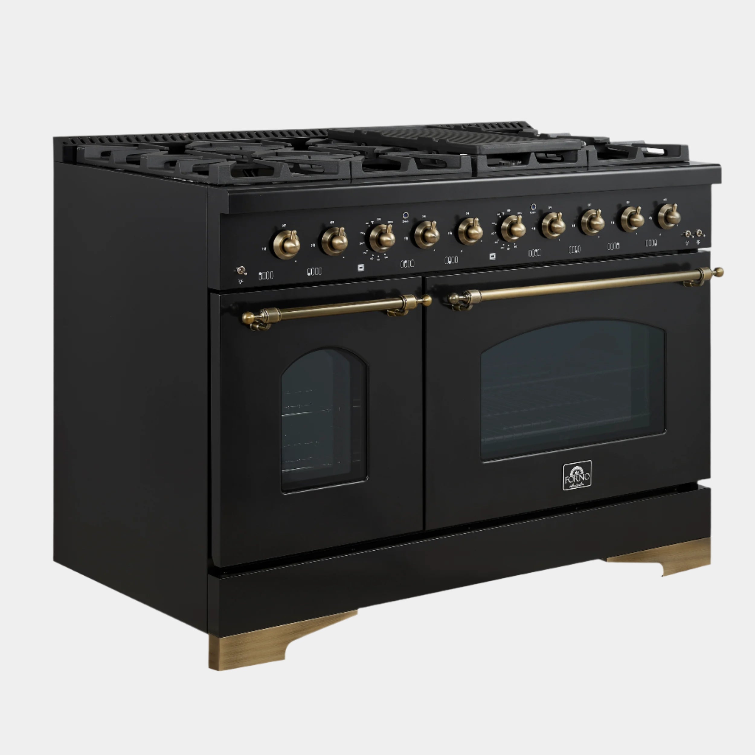 Forno Antico 48-Inch Dual Fuel Range, Black with Antique Brass Finish, 8 Burners, 94,000 BTU, 5.5 cu.ft. Double Ovens & Griddle