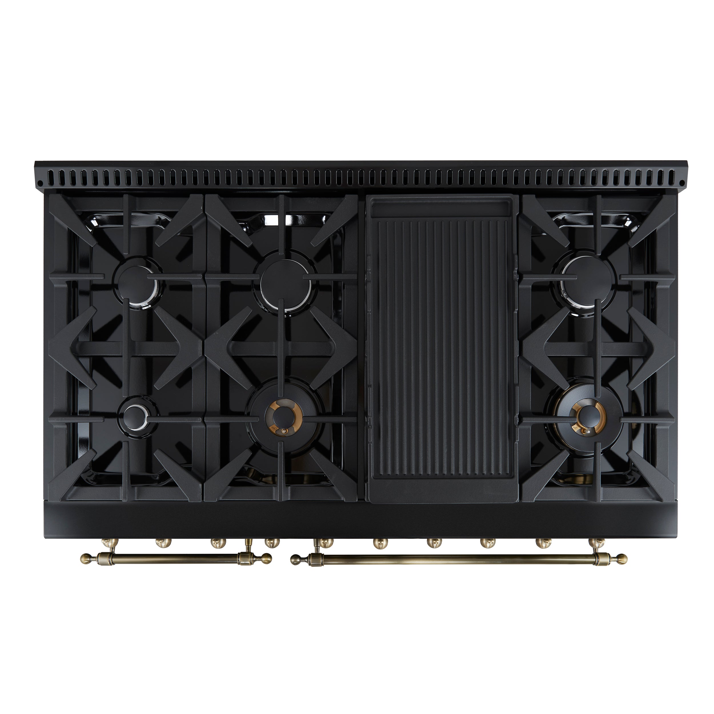 Forno Antico 48-Inch Dual Fuel Range, Black with Antique Brass Finish, 8 Burners, 94,000 BTU, 5.5 cu.ft. Double Ovens & Griddle