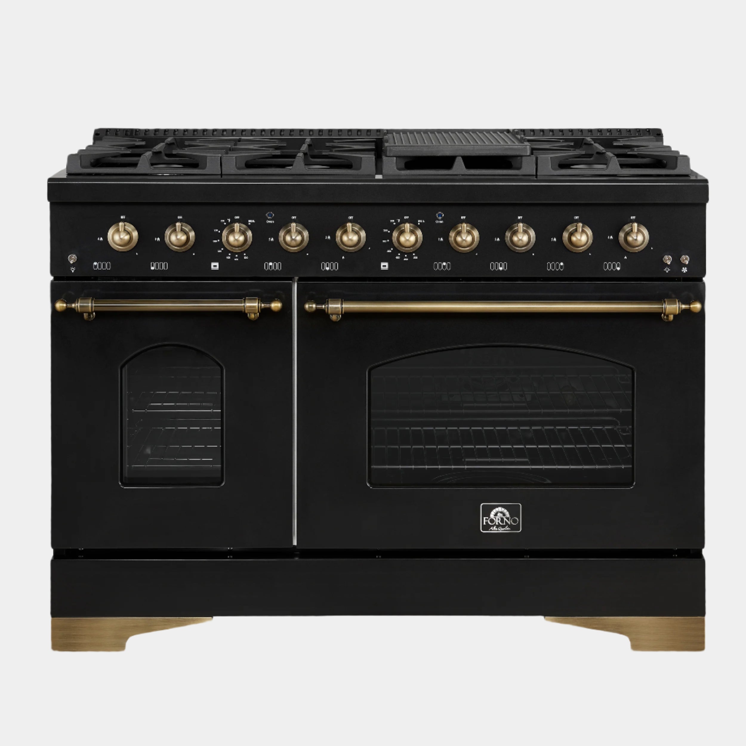 Forno Antico 48-Inch Dual Fuel Range, Black with Antique Brass Finish, 8 Burners, 94,000 BTU, 5.5 cu.ft. Double Ovens & Griddle