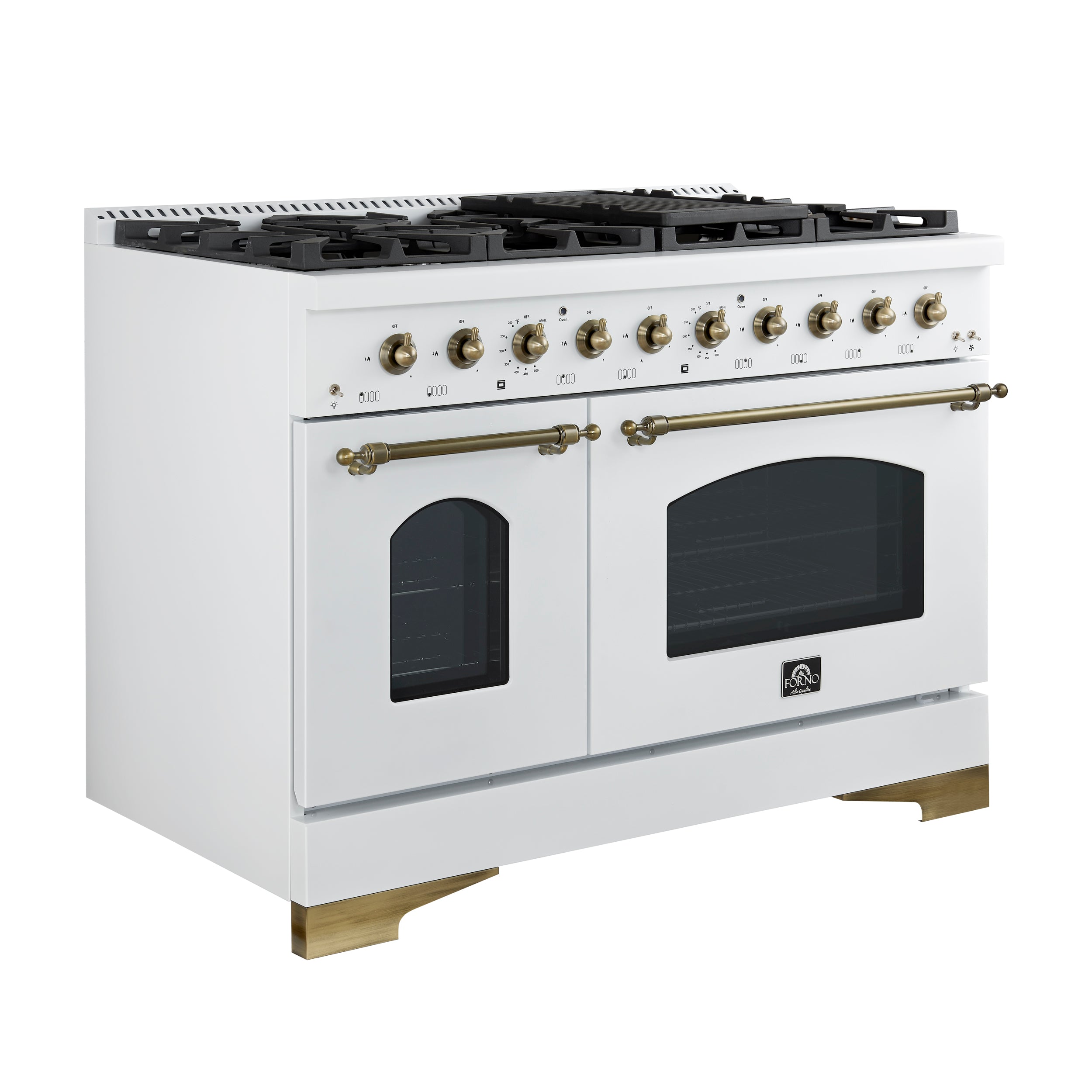 Forno Antico 48 in. 5.5 cu. ft. 8-Burner White Dual Fuel Range with Antique Brass Accents | FFSGS6113-48WHT