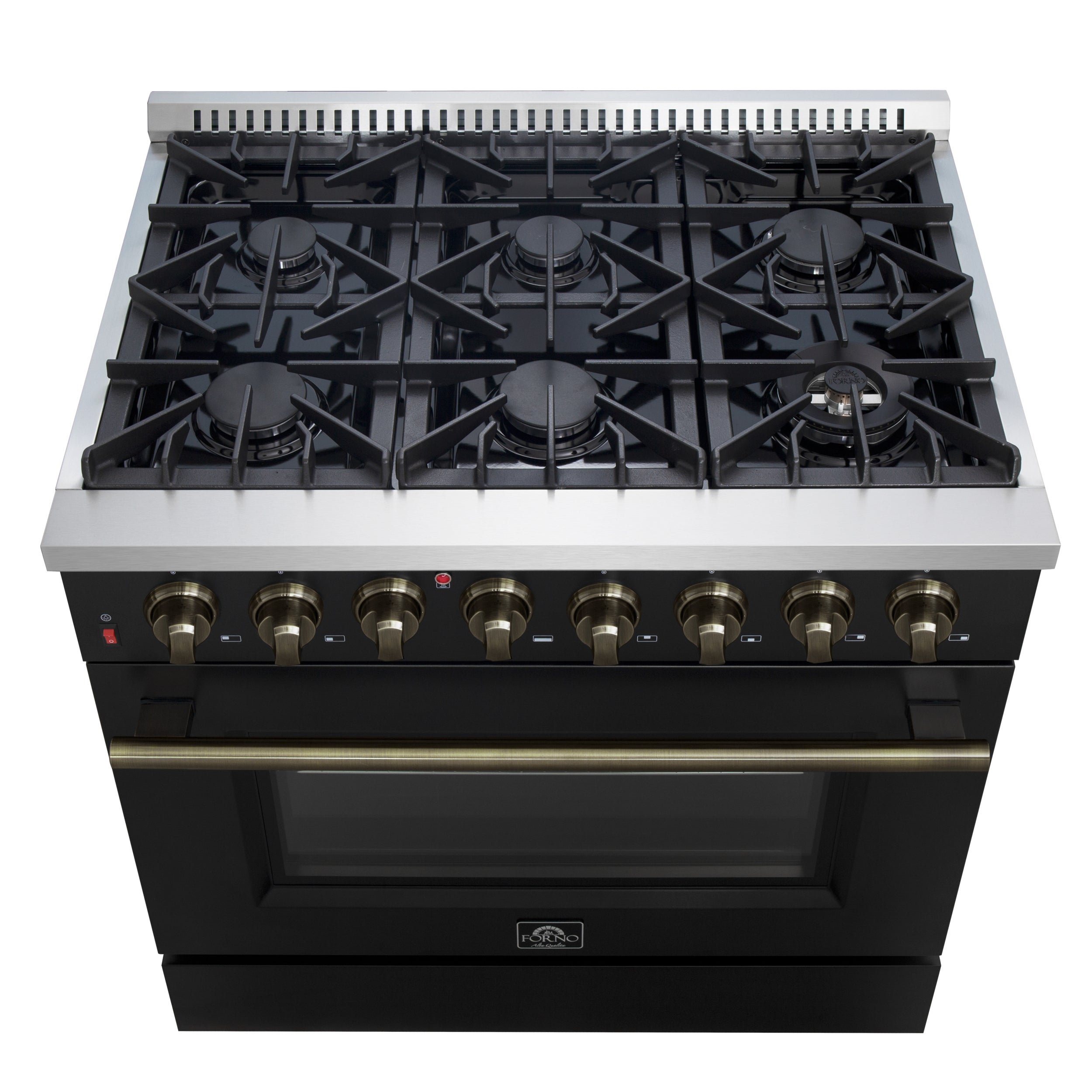 Forno Galiano 36 in. 5.26 cu. ft. 6-Burner Black Dual Fuel Range with Antique Brass Accents | FFSGS6156-36BLK
