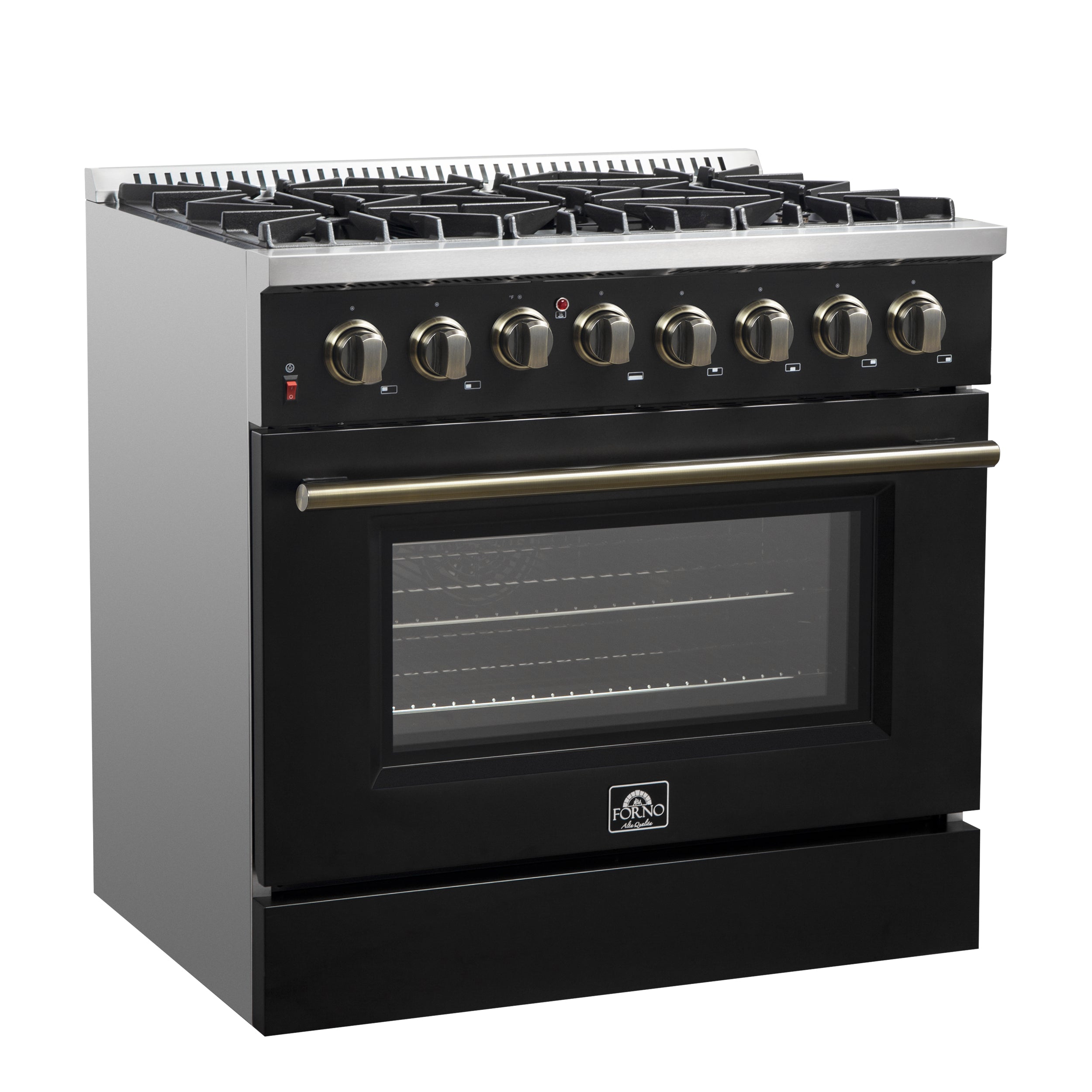 Forno Galiano 36 in. 5.26 cu. ft. 6-Burner Black Dual Fuel Range with Antique Brass Accents | FFSGS6156-36BLK