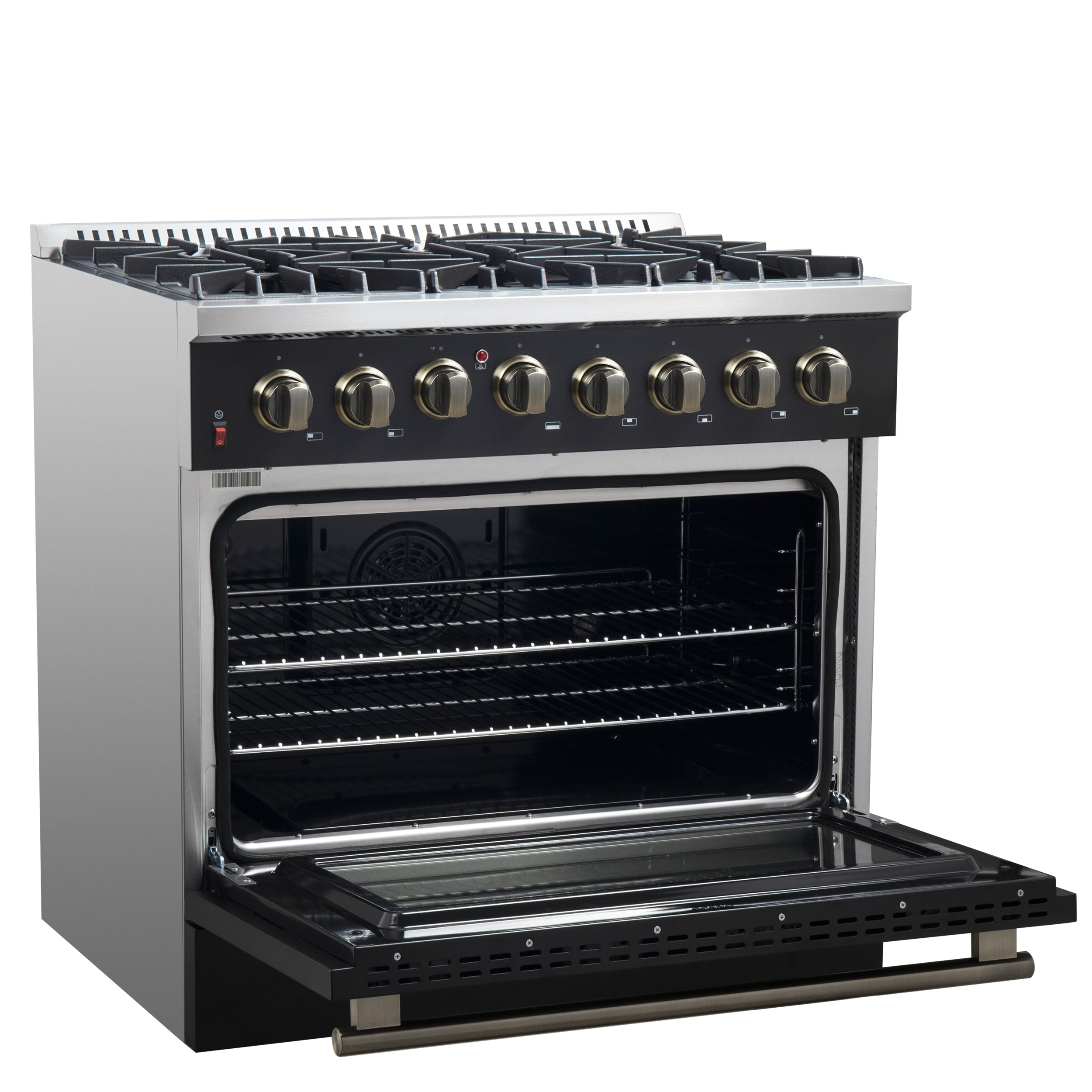 Forno Galiano 36 in. 5.26 cu. ft. 6-Burner Black Dual Fuel Range with Antique Brass Accents | FFSGS6156-36BLK
