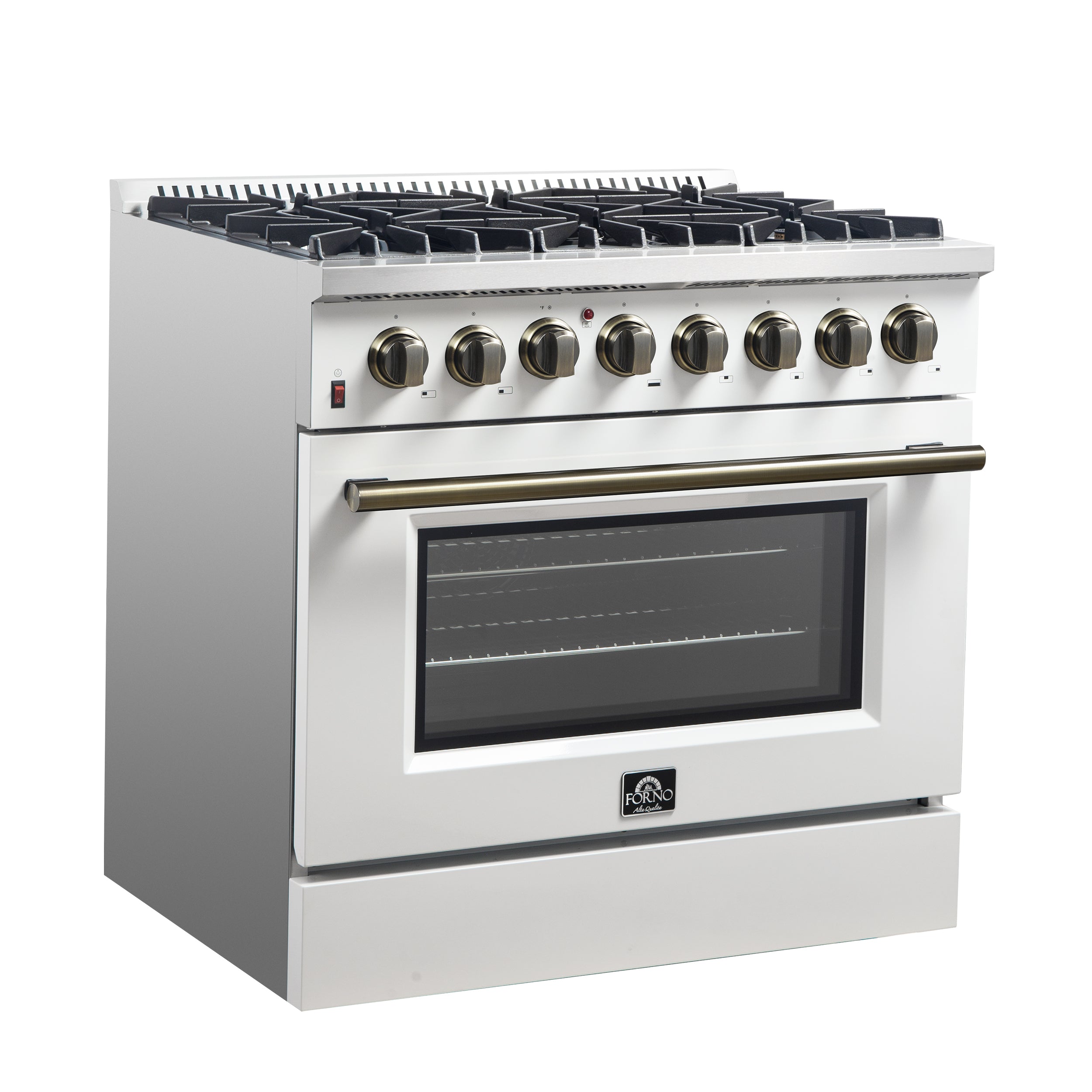 Forno Galiano 36 in. 5.26 cu. ft. 6-Burner White Dual Fuel Range with Antique Brass Accents | FFSGS6156-36WHT