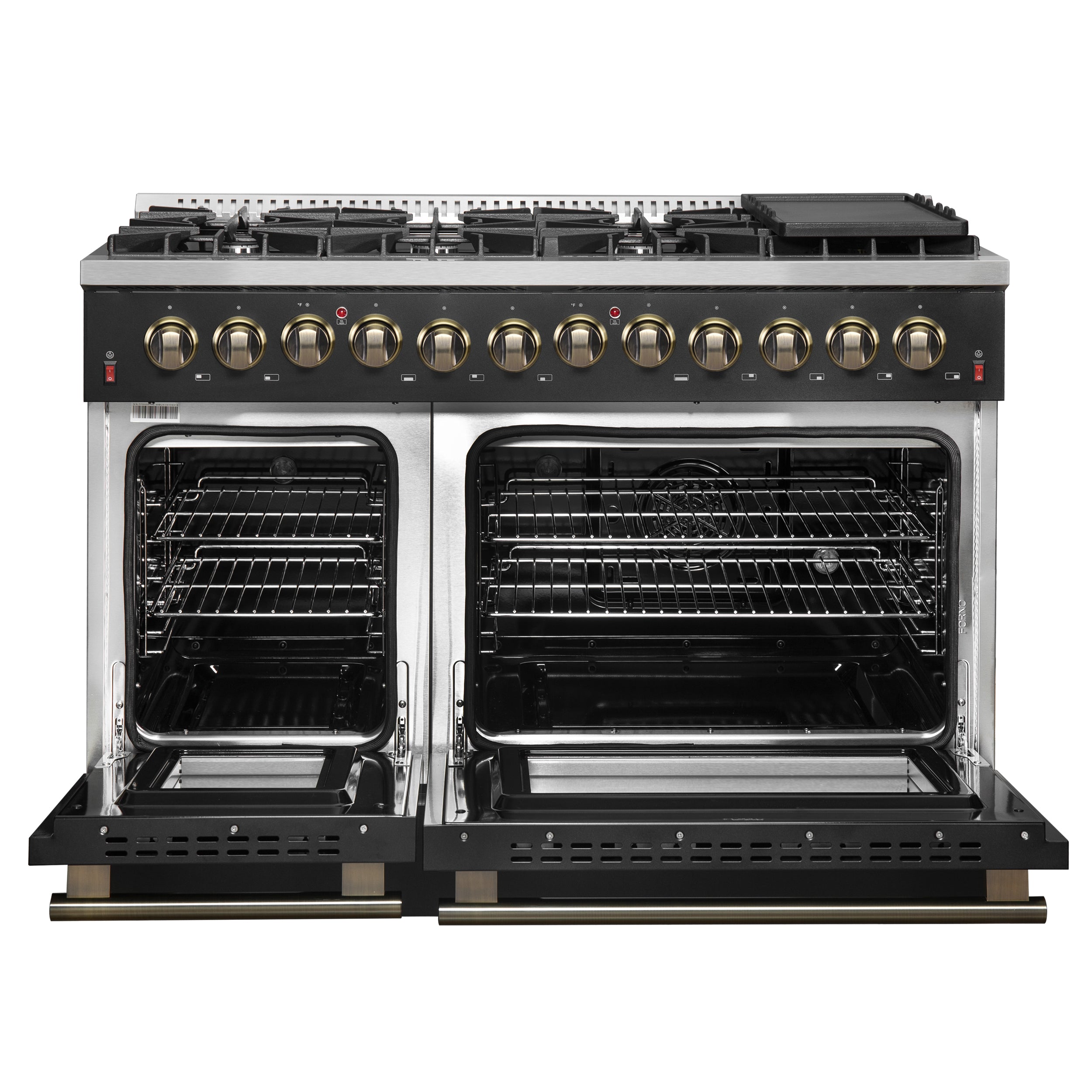 Forno Galiano 48 in. 6.58 cu. ft. 8-Burner Black Dual Fuel Range with Antique Brass Accents | FFSGS6156-48BLK