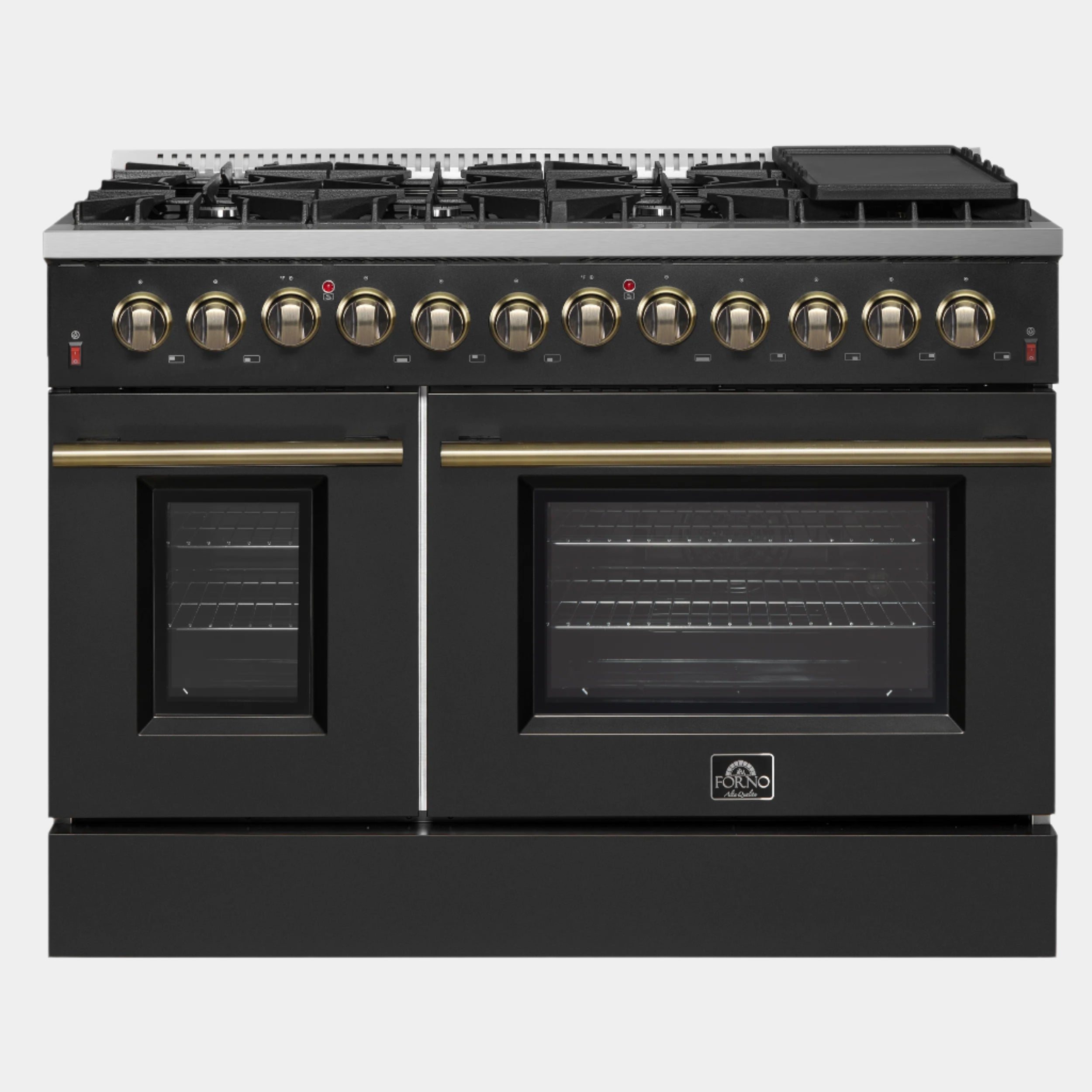 Galiano 48-inch Dual Fuel Range Black & Antique Brass Design with 8 Sealed Burners 107,000 BTU, 6.58 cu. ft. double ovens & Griddle