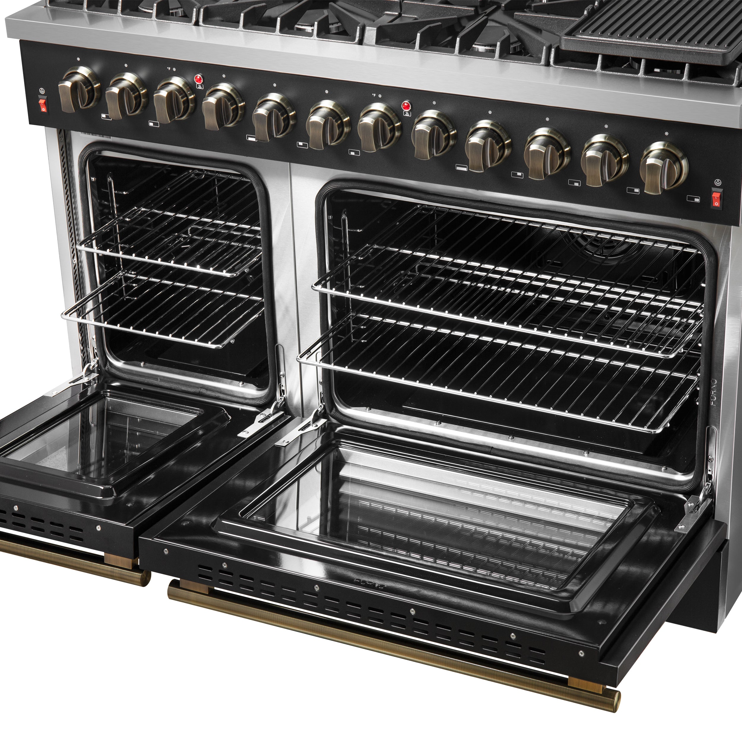 Galiano 48-inch Dual Fuel Range Black & Antique Brass Design with 8 Sealed Burners 107,000 BTU, 6.58 cu. ft. double ovens & Griddle