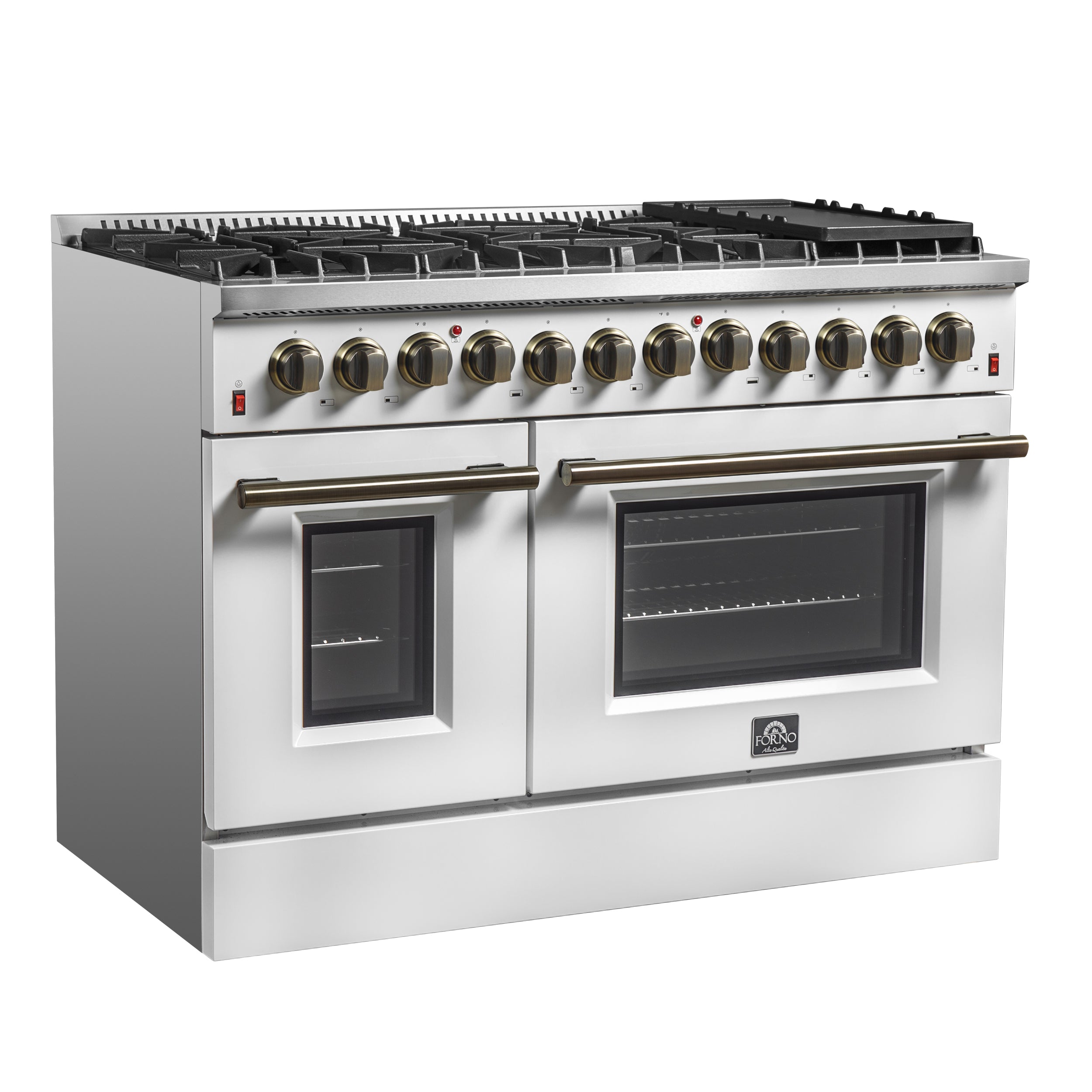 Forno Galiano 48 in. 6.58 cu. ft. 8-Burner White Dual Fuel Range with Antique Brass Accents | FFSGS6156-48