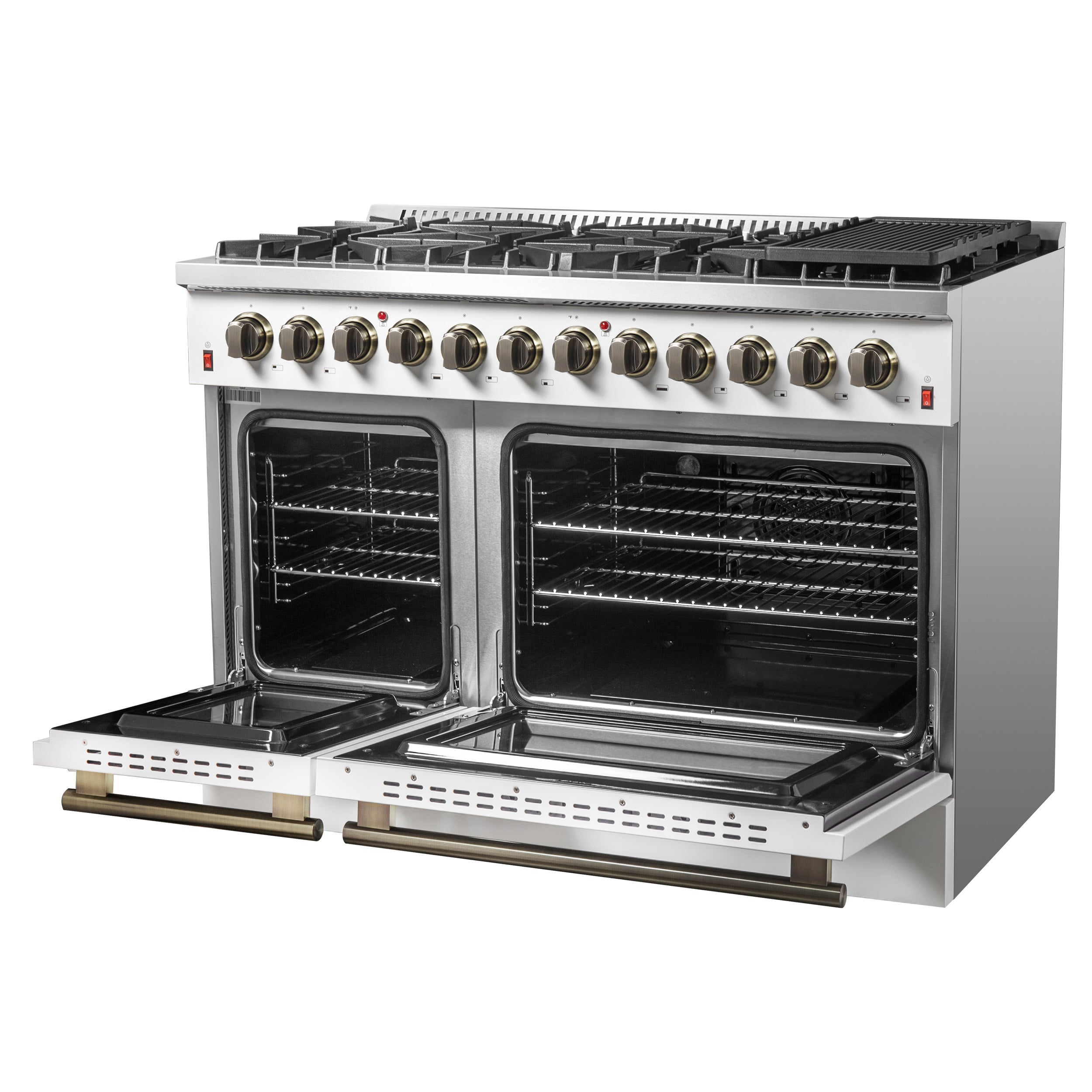 Forno Galiano 48 in. 6.58 cu. ft. 8-Burner White Dual Fuel Range with Antique Brass Accents | FFSGS6156-48