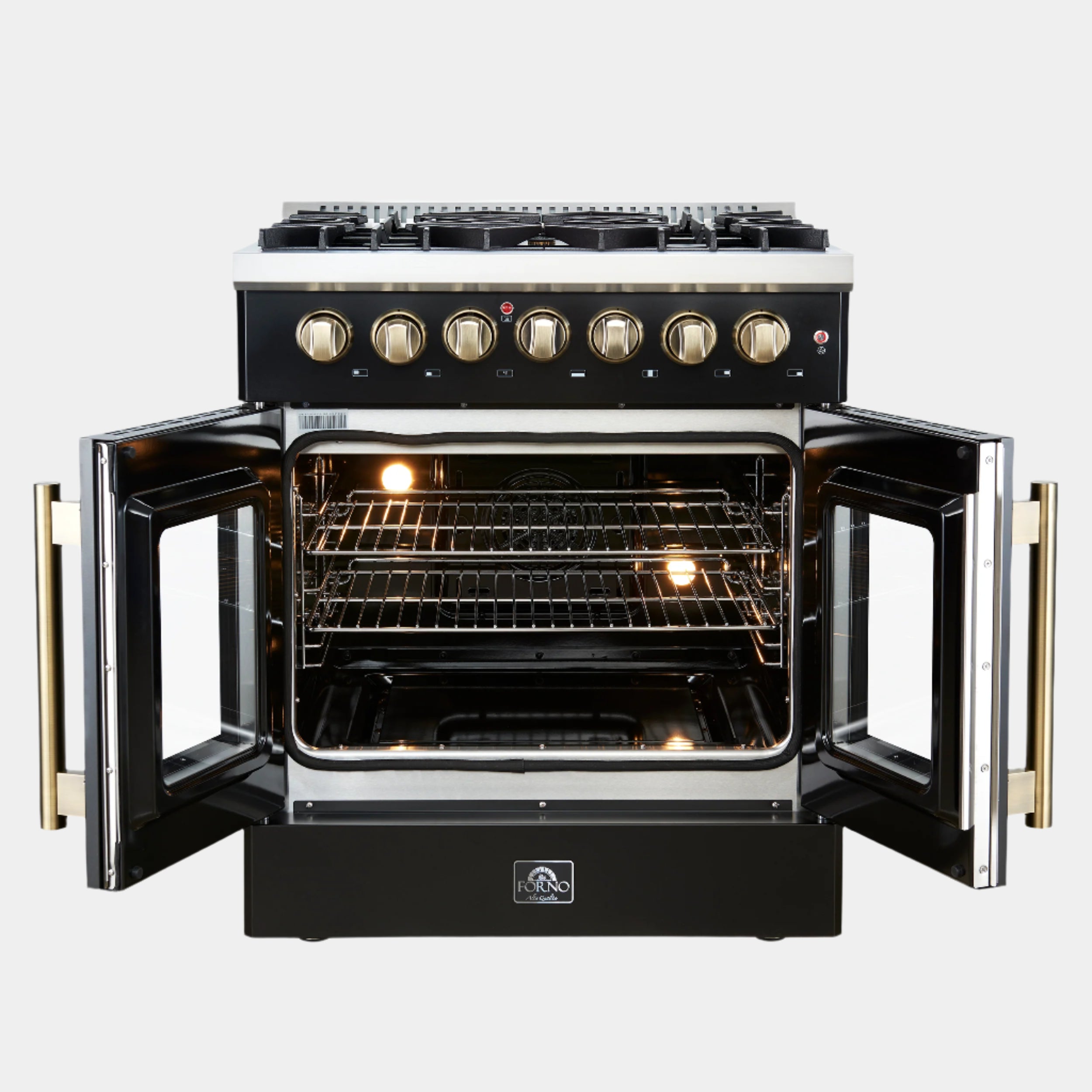 Forno Galiano 30 in. 4.32 cu. ft. 5-Burner Black French Door Dual Fuel Range with Antique Brass Accents | FFSGS6356-30BLK