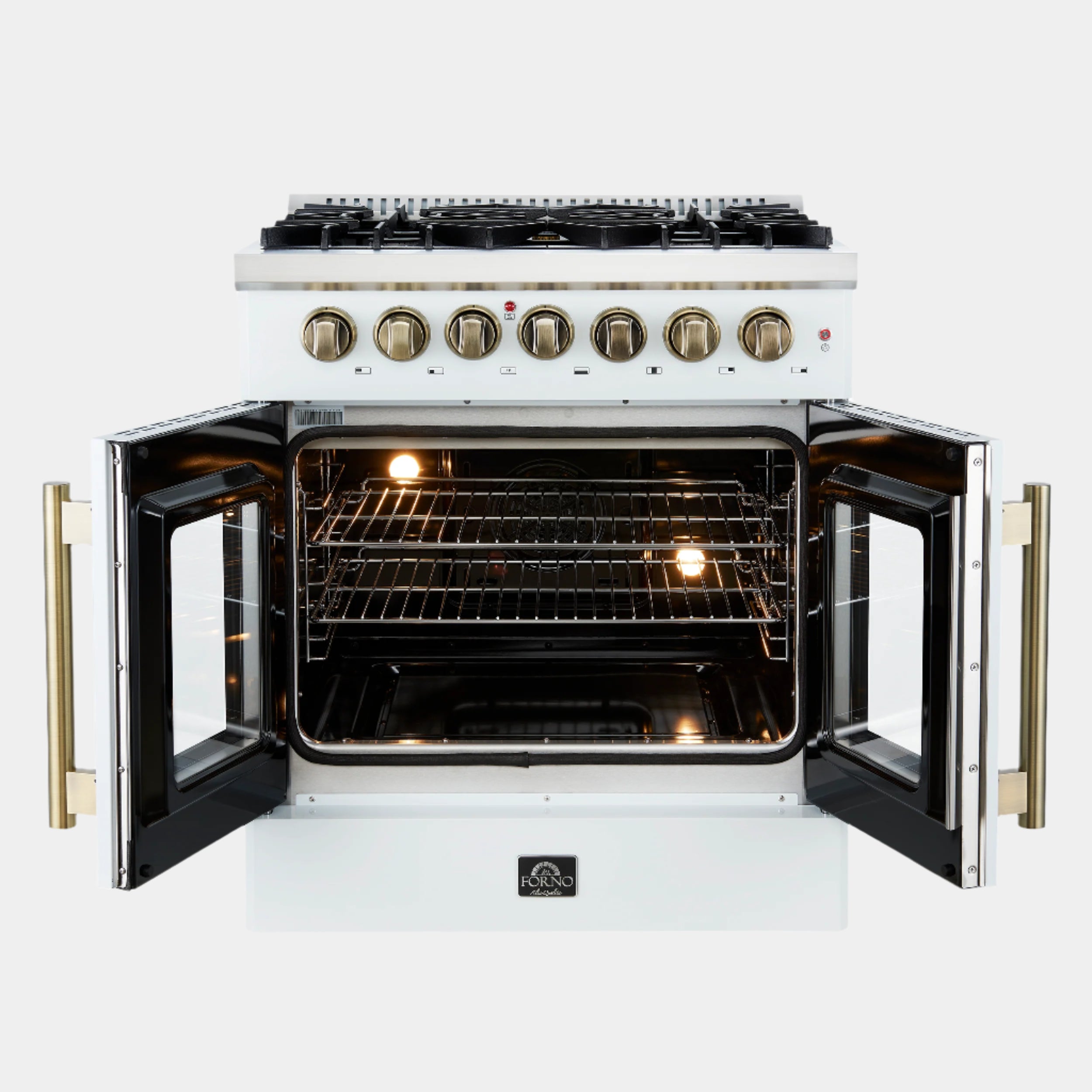 Forno Galiano 30 in. 4.32 cu. ft. 5-Burner White French Door Dual Fuel Range with Antique Brass Accents | FFSGS6356-30WHT
