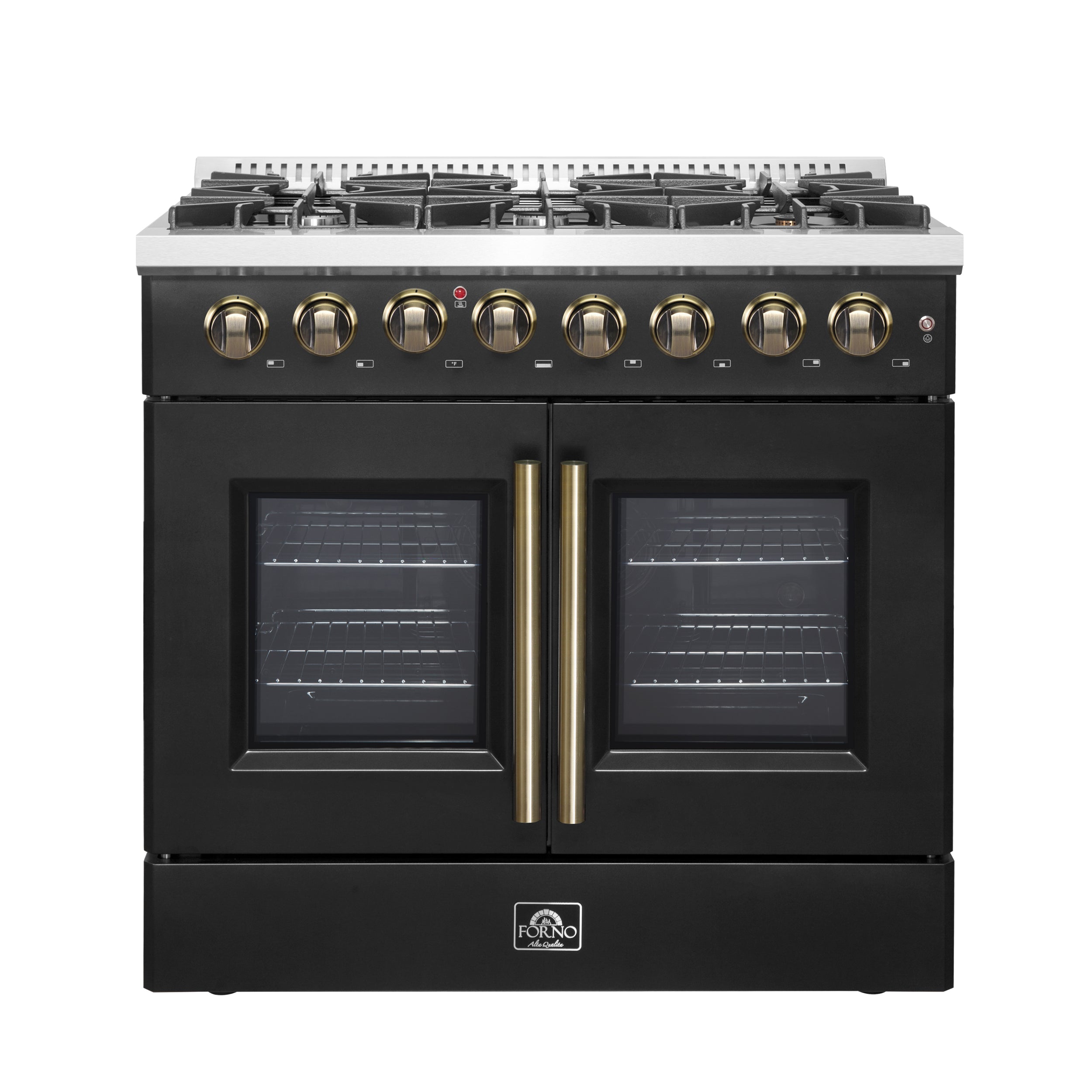 Forno Galiano 36 in. 5.26 cu. ft. 6-Burner Black French Door Dual Fuel Range with Antique Brass Accents | FFSGS6356-36BLK