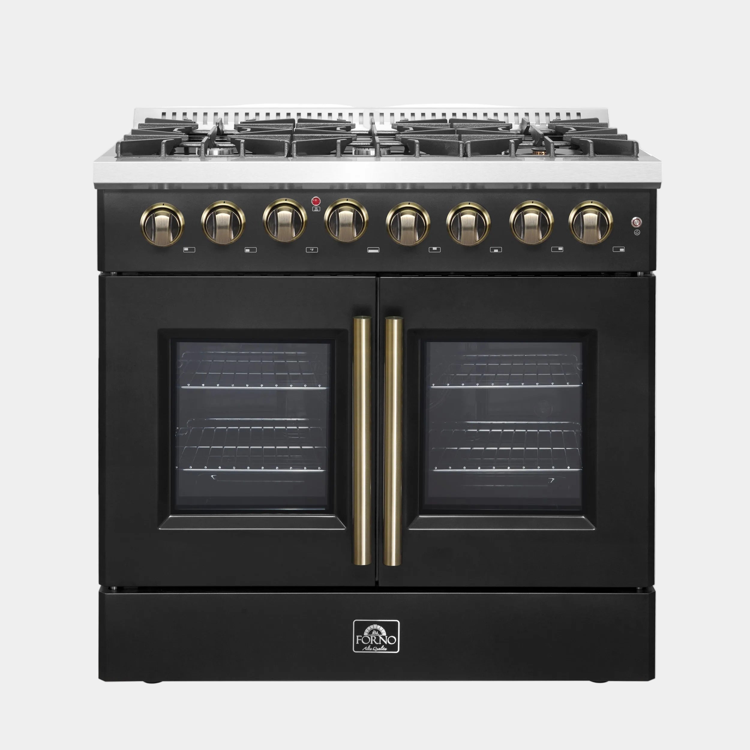 Forno Galiano 36 in. 5.26 cu. ft. 6-Burner Black French Door Dual Fuel Range with Antique Brass Accents | FFSGS6356-36BLK