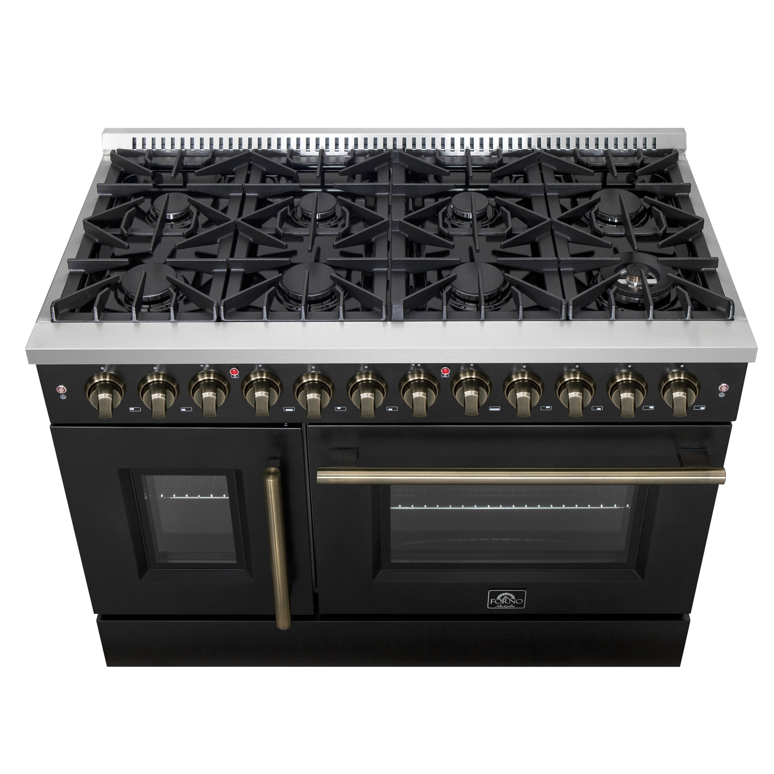 Forno Galiano 48 in. 6.58 cu. ft. 8-Burner Black French Door Dual Fuel Range with Antique Brass Accents | FFSGS6356-48BLK