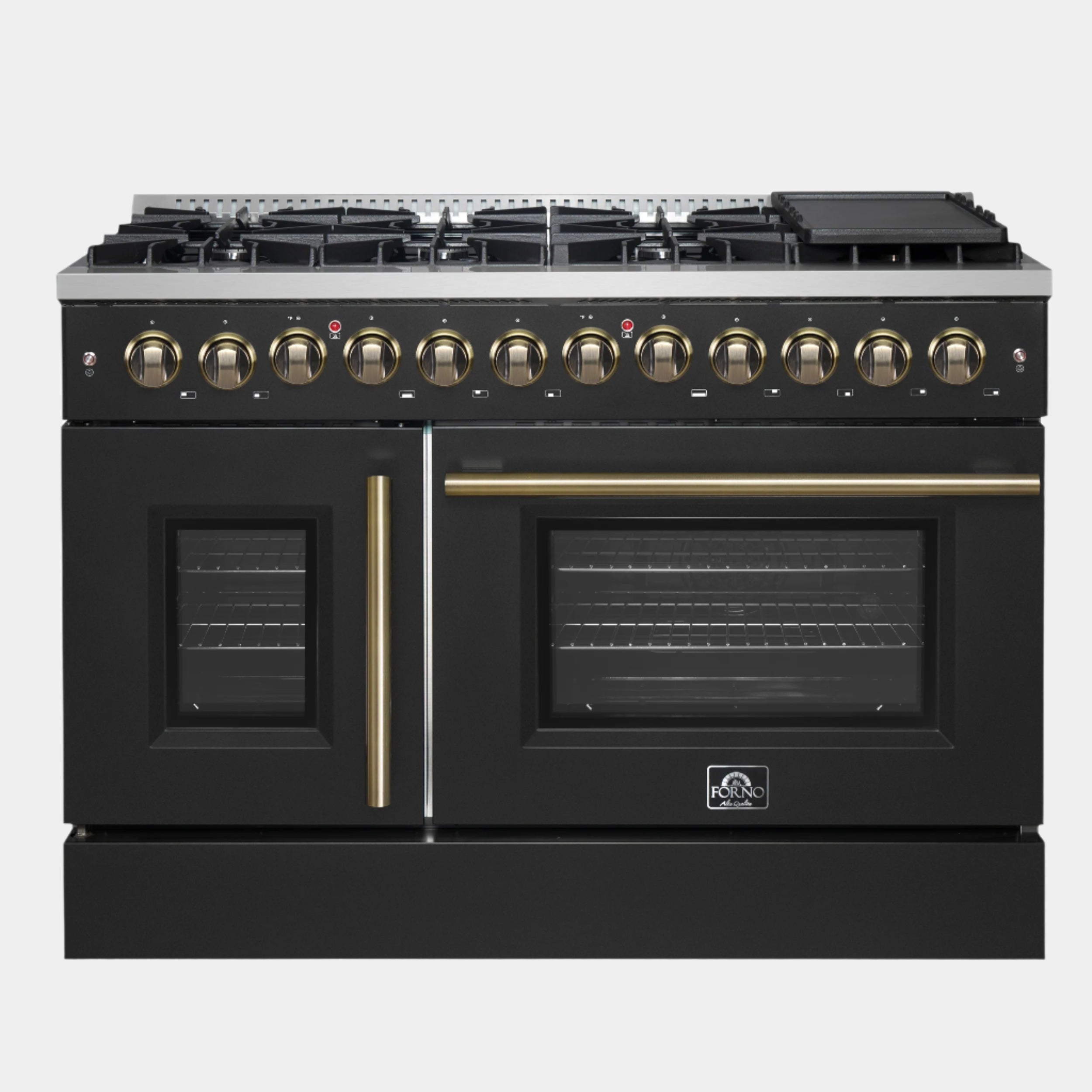 Forno Galiano 48-inch French Door Dual Fuel Range, Black & Antique Brass Design, 8 Sealed Burners - 107,000 BTU, Griddle, 6.58 cu.ft. Double Ovens