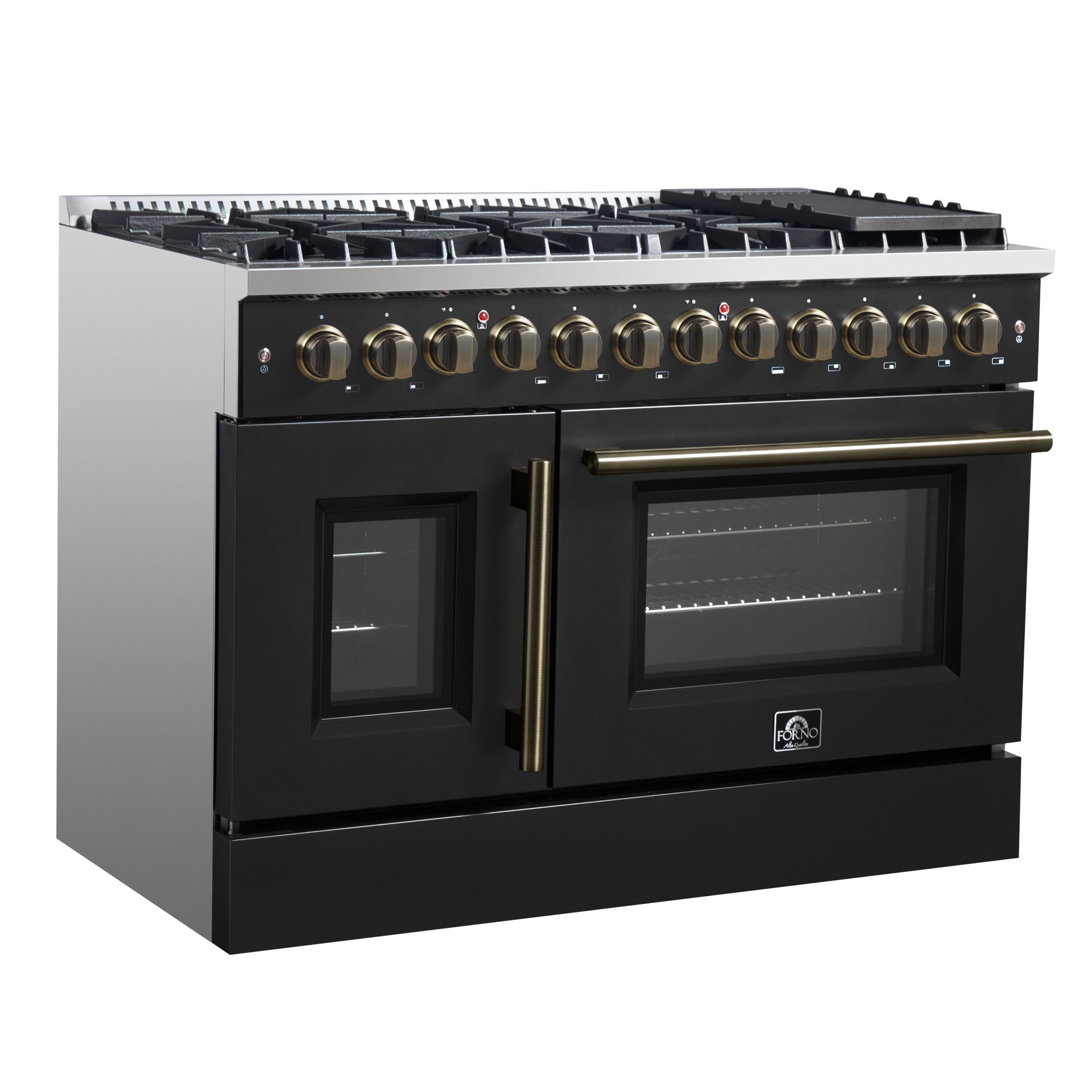 Forno Galiano 48 in. 6.58 cu. ft. 8-Burner Black French Door Dual Fuel Range with Antique Brass Accents | FFSGS6356-48BLK