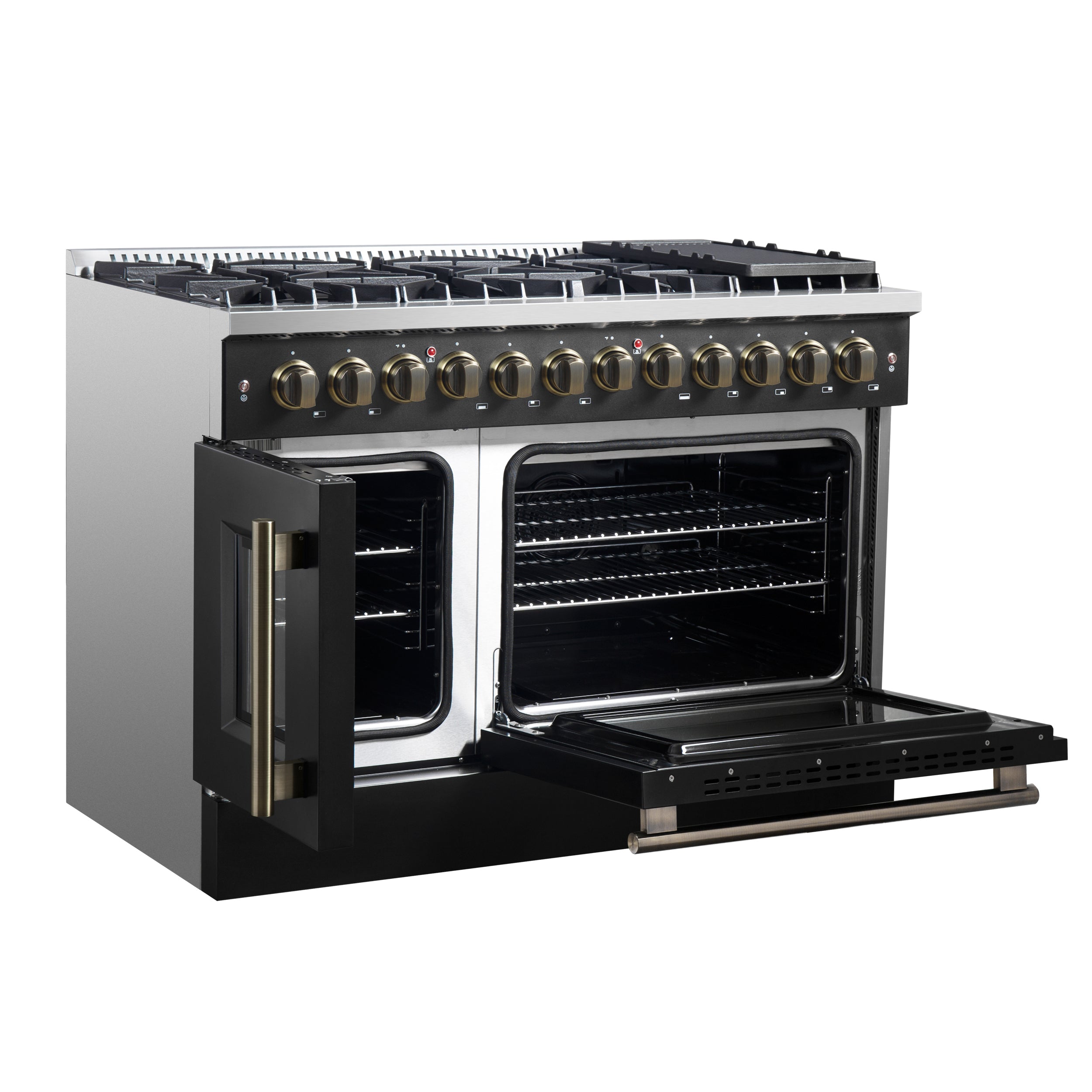 Forno Galiano 48 in. 6.58 cu. ft. 8-Burner Black French Door Dual Fuel Range with Antique Brass Accents | FFSGS6356-48BLK