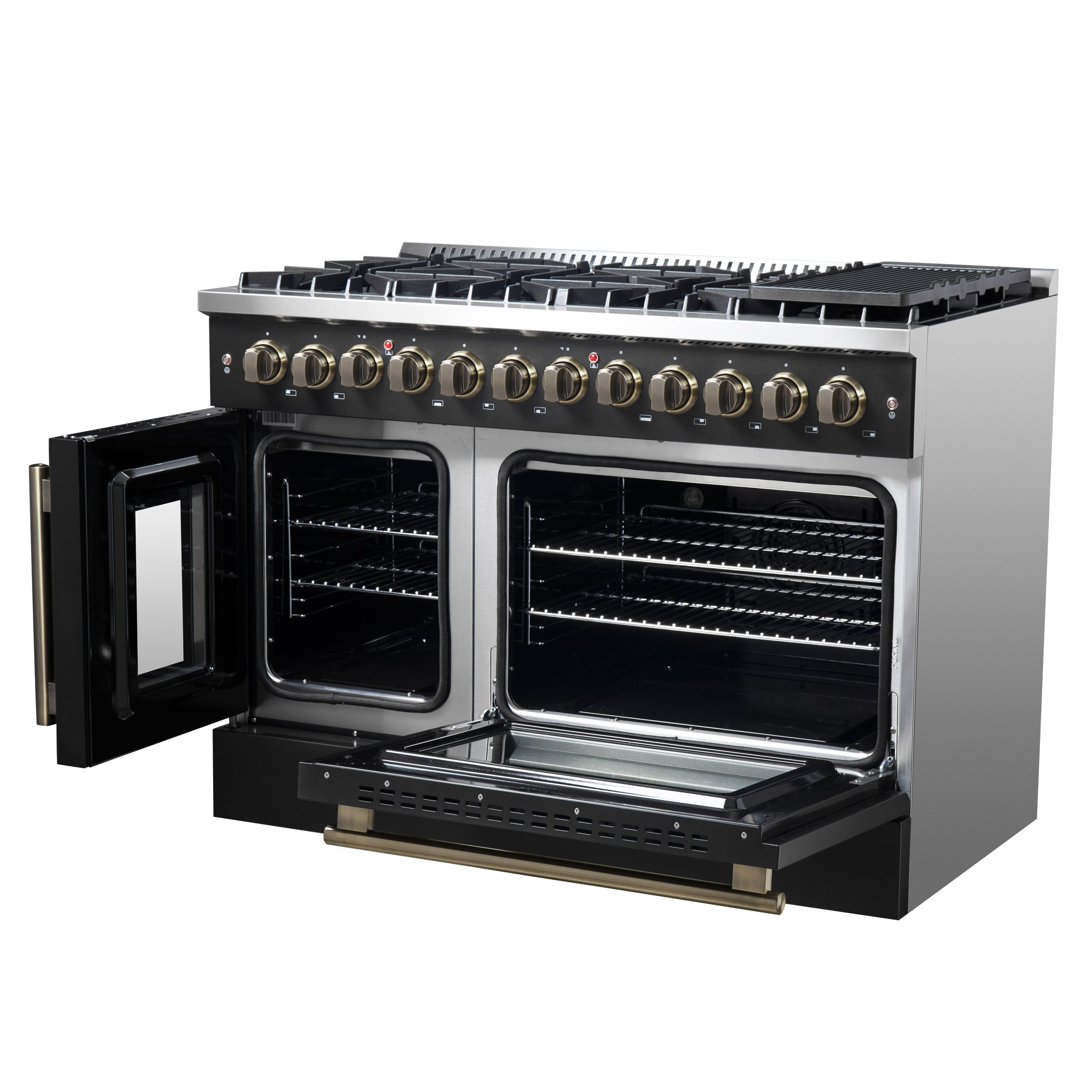 Forno Galiano 48-inch French Door Dual Fuel Range, Black & Antique Brass Design, 8 Sealed Burners - 107,000 BTU, Griddle, 6.58 cu.ft. Double Ovens