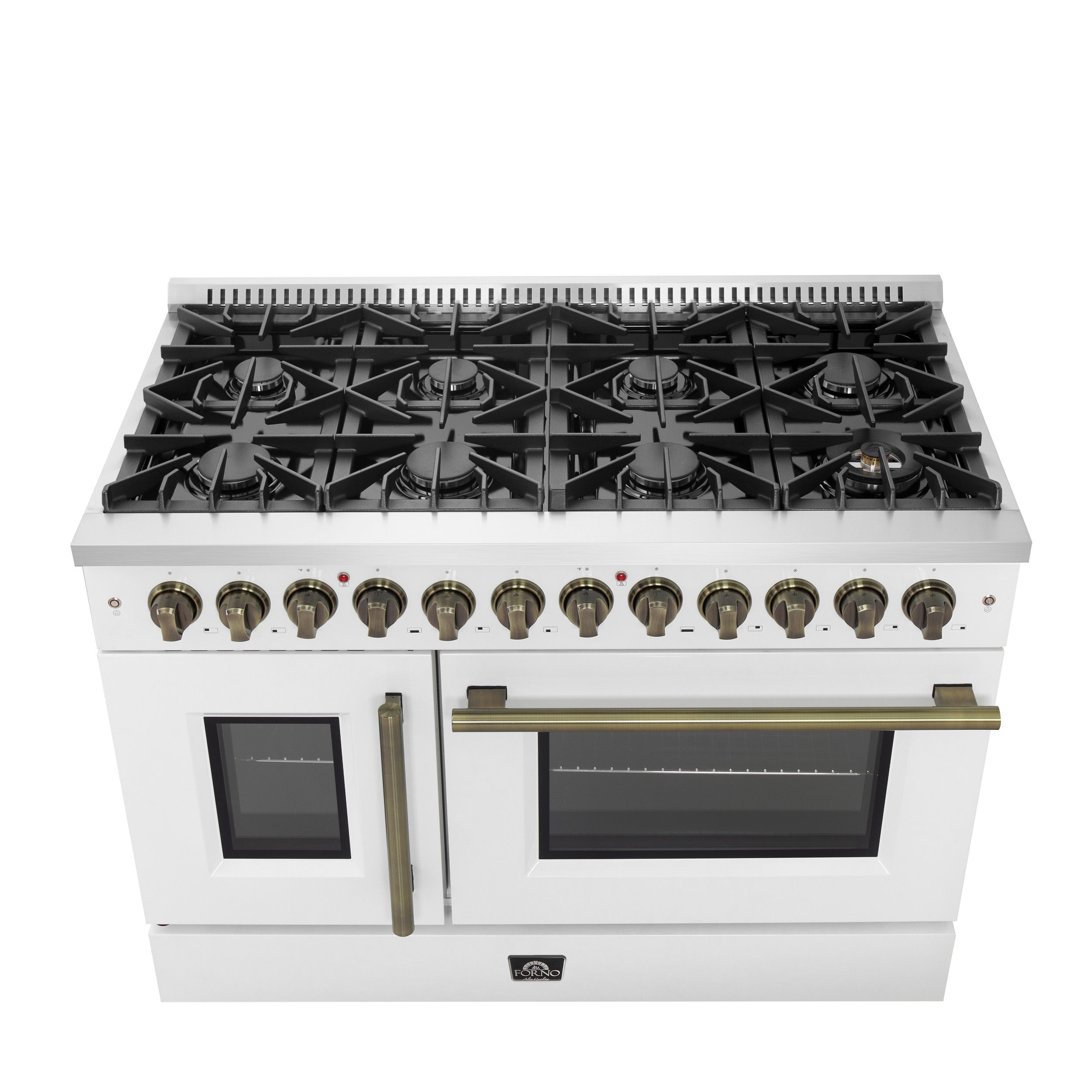 Forno Galiano 48 in. 6.58 cu. ft. 8-Burner White French Door Dual Fuel Range with Antique Brass Accents | FFSGS6356-48WHT